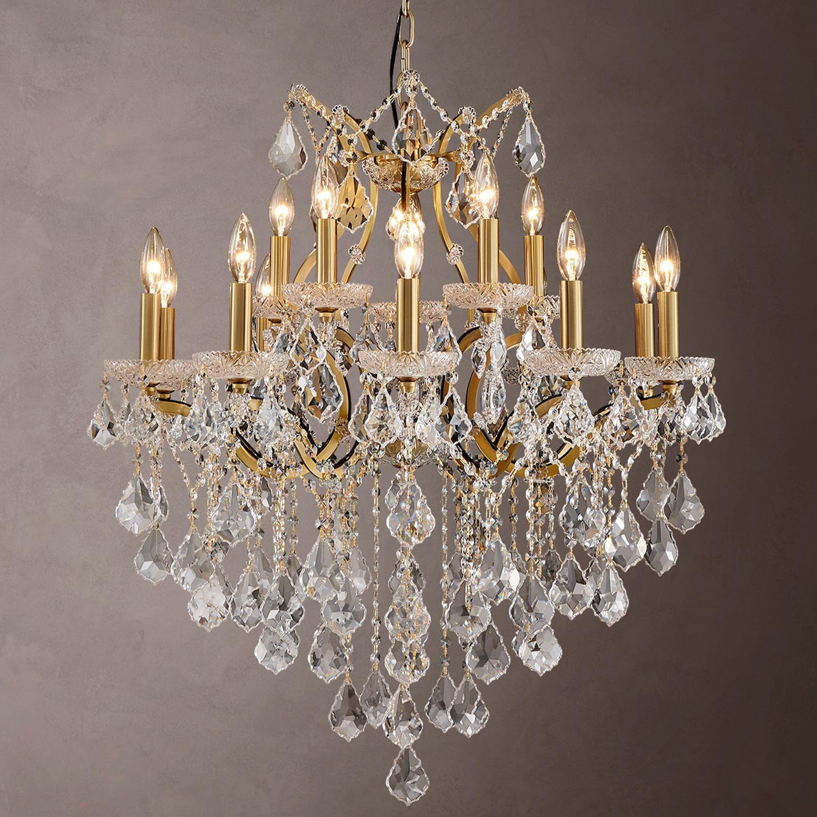 HUANXISHA Brass Crystal Chandeliers for Dining Room 15 Lights
