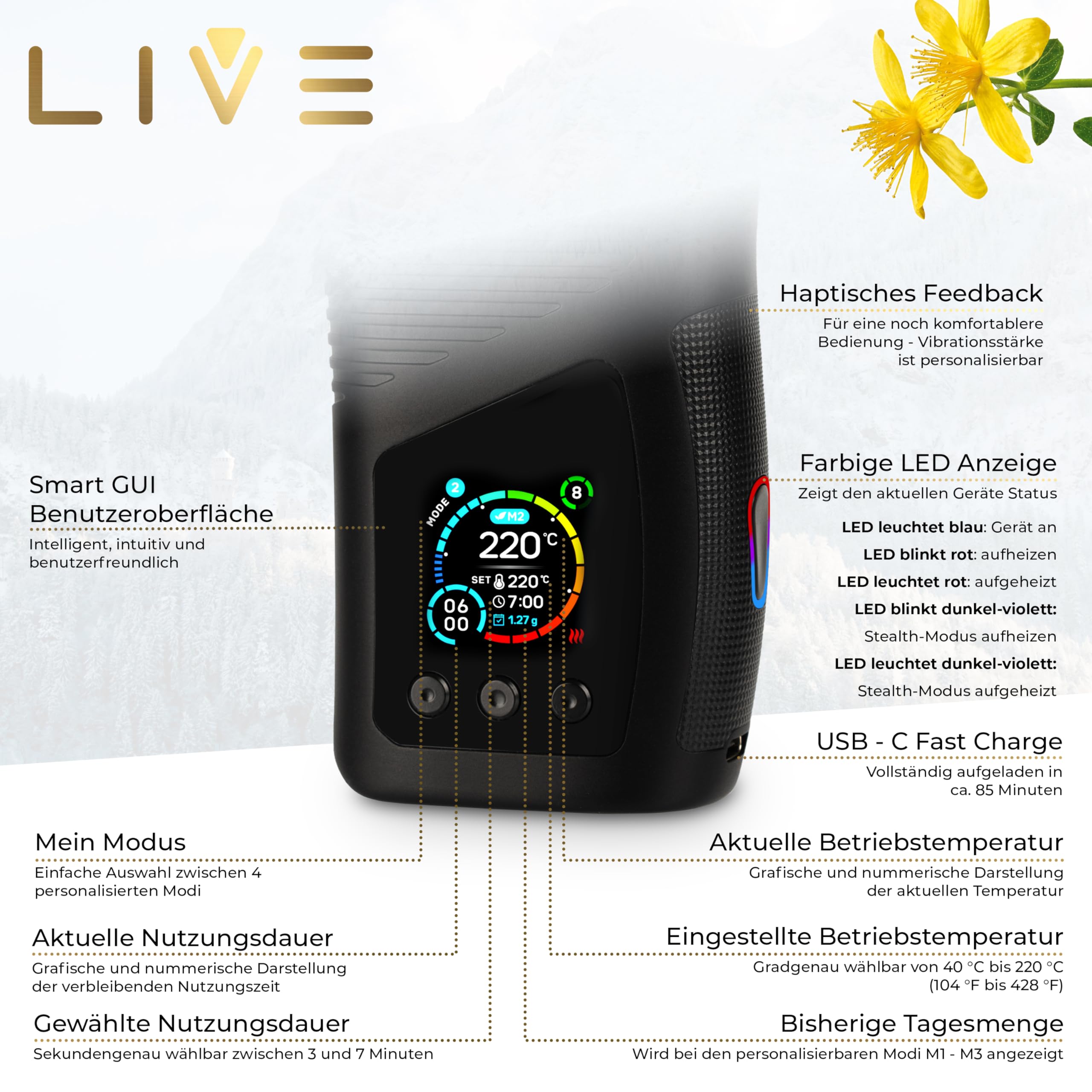WOLKENKRAFT LIVE Premium Vaporizer für Kräuter & Extrakte | Hybrid-Konvektion | COOLSCREEN-Kühlsystem | 40 - 220 °C | USB-C | 3000-mAh-Akku | RGB-Display | personalisierbare Modi
