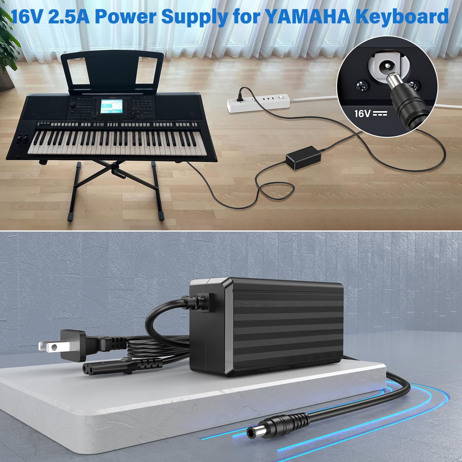 Przewód zasilający ładowarki 16V 2,5 A do Yamaha PA-300 do Yamaha PA300 PA-301 PA-300B PA-300C P-120S P-120 S Pro ES XS syntezator PSR PSR-S PSRS PSR-1000 PSR-S500 klawiatura fortepian AC DC adapter