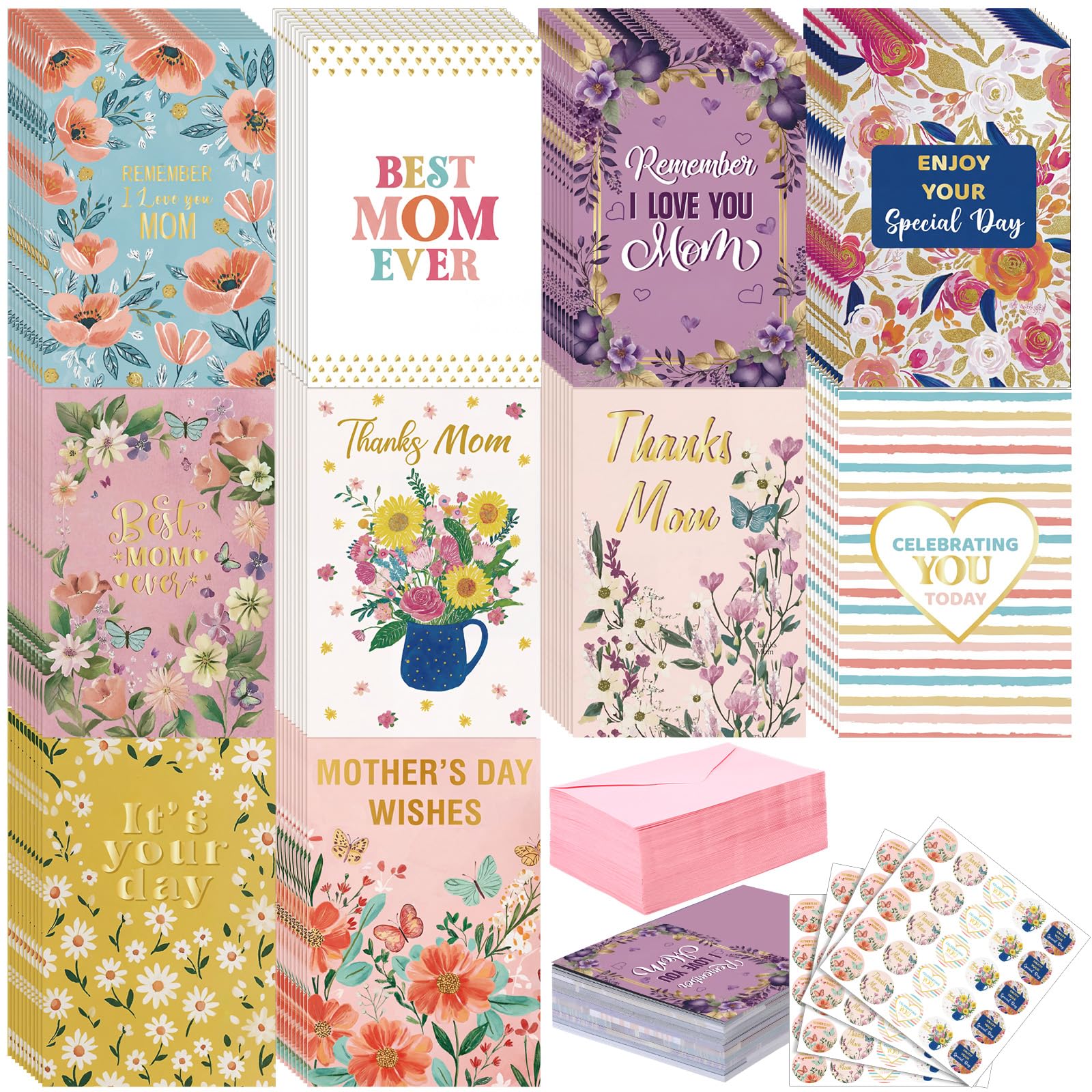 Yeaqee Lot de 100 cartes assorties en vrac avec enveloppes et autocollants, cartes de vœux pliées pour cadeaux de fête (momie)
