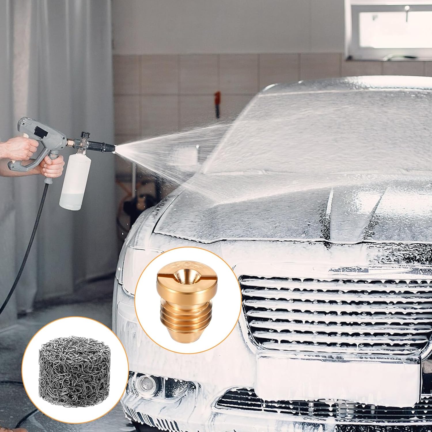 4Pcs Foam Nozzle Tips 4Pcs Bubbler Nets, 1.1mm Universal Brass Thread Nozzle Tips and Mesh Filter Copper Spray Core for Snow Foam Lance Pressure Washer Snow Lance Supplies