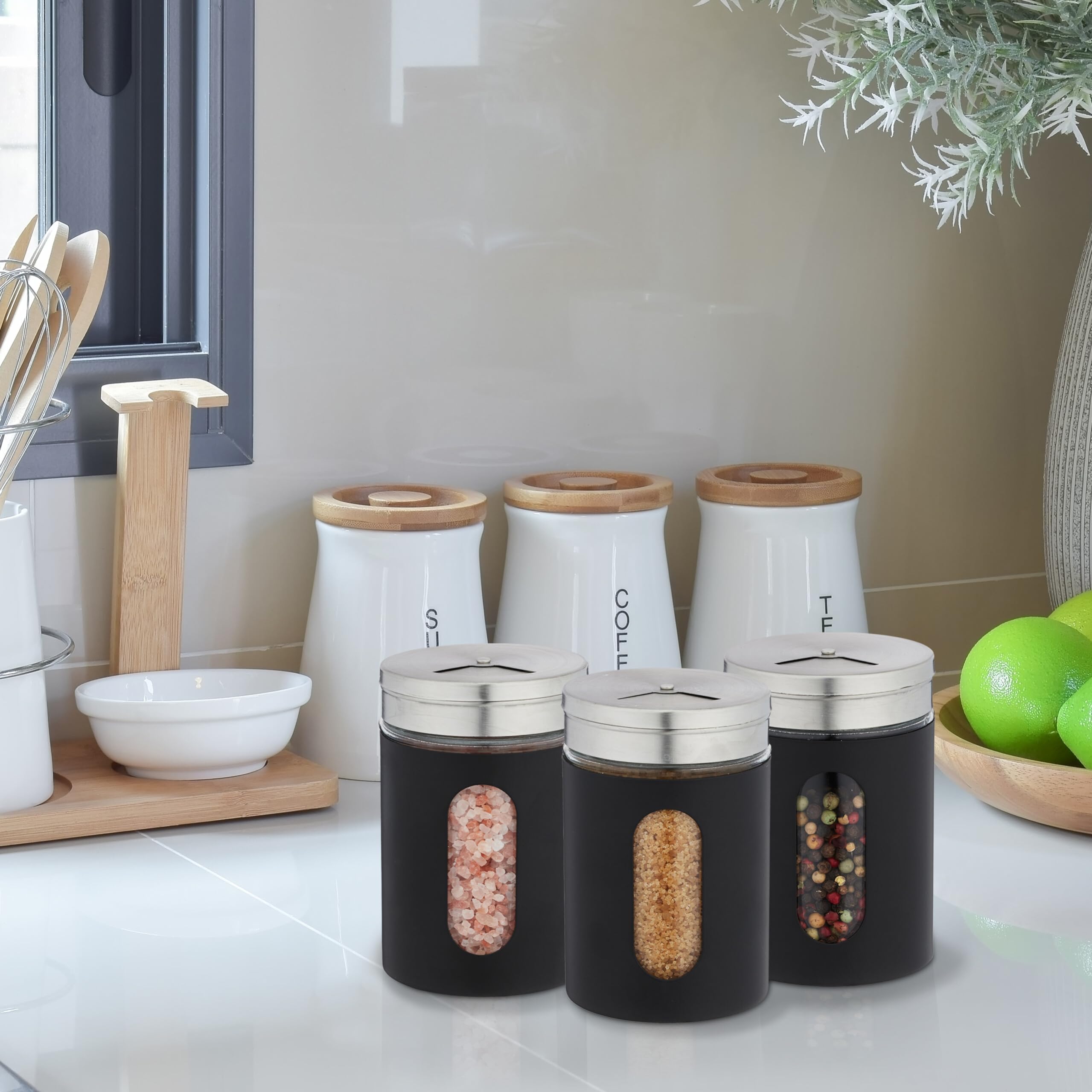 Relaxdays Zestaw 6 pojemników na przyprawa, 3 rozmiary do posypywania, zioła i przyprawa, słoiki XL, 290 ml, szkło i stal nierdzewna, czarny