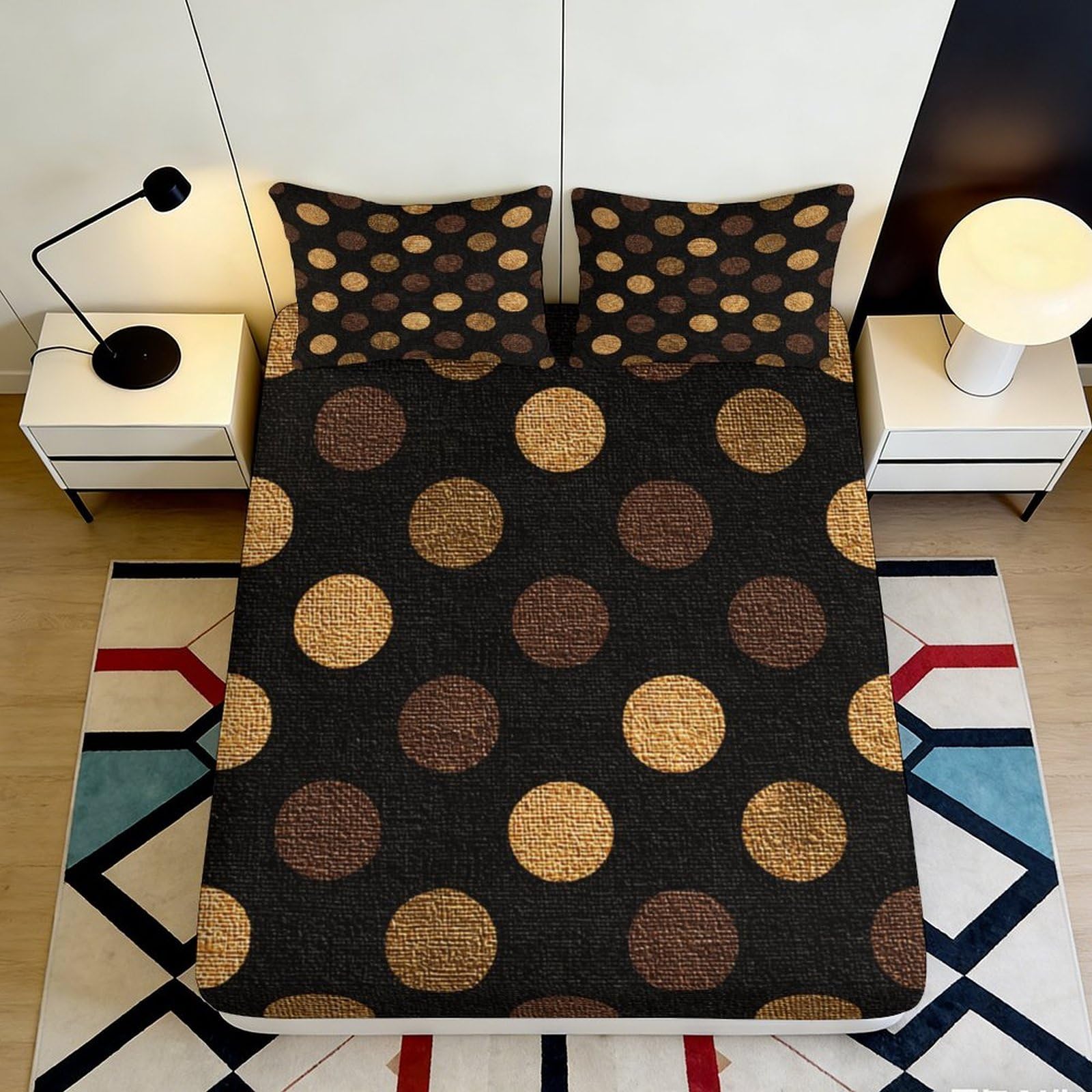 3D Printed Brown Gold Polka Dot Fitted Sheet Microfiber Soft Anti-Slip Mattress Cover Bedroom Dorm Easy Care Decor 180x200x25cm