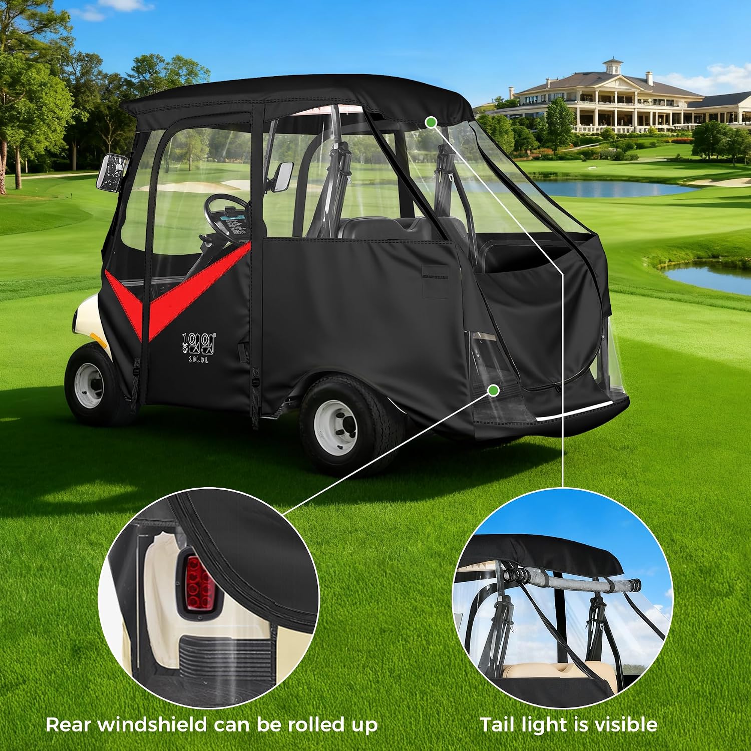 10L0L Golf Cart Enclosure for Club Car DS 4 Passenger (Short Roof 56"), 600D Waterproof & Windproof Rain Cover with Clear Windows & Roll-Up Doors, Heavy Duty All-Weather Golf Cart Storage Cover