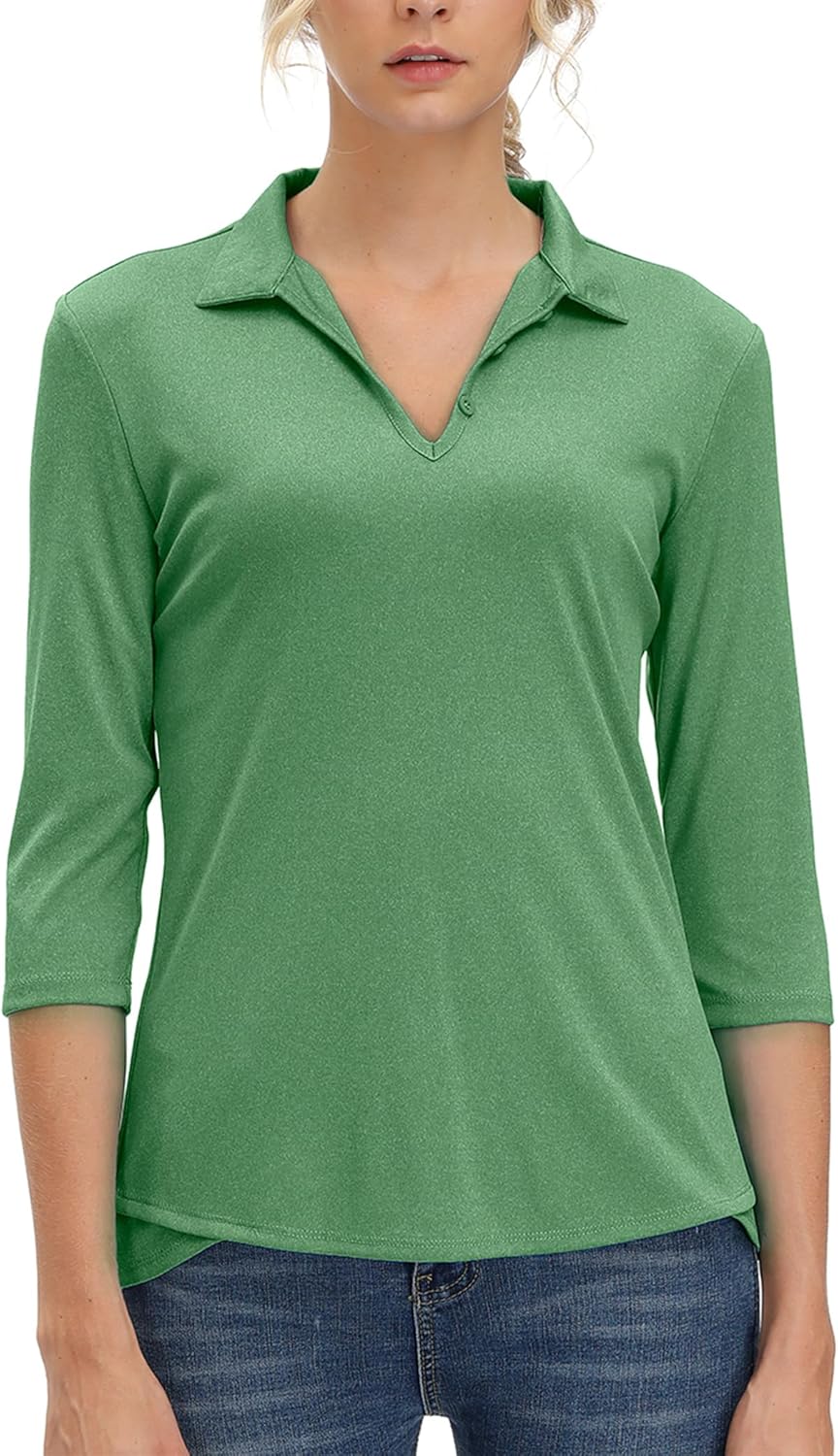 Women's 3/4 Sleeve V Neck Golf Shirt Mositure Wicking Performance Sports Polo T Shirt Tops for Women