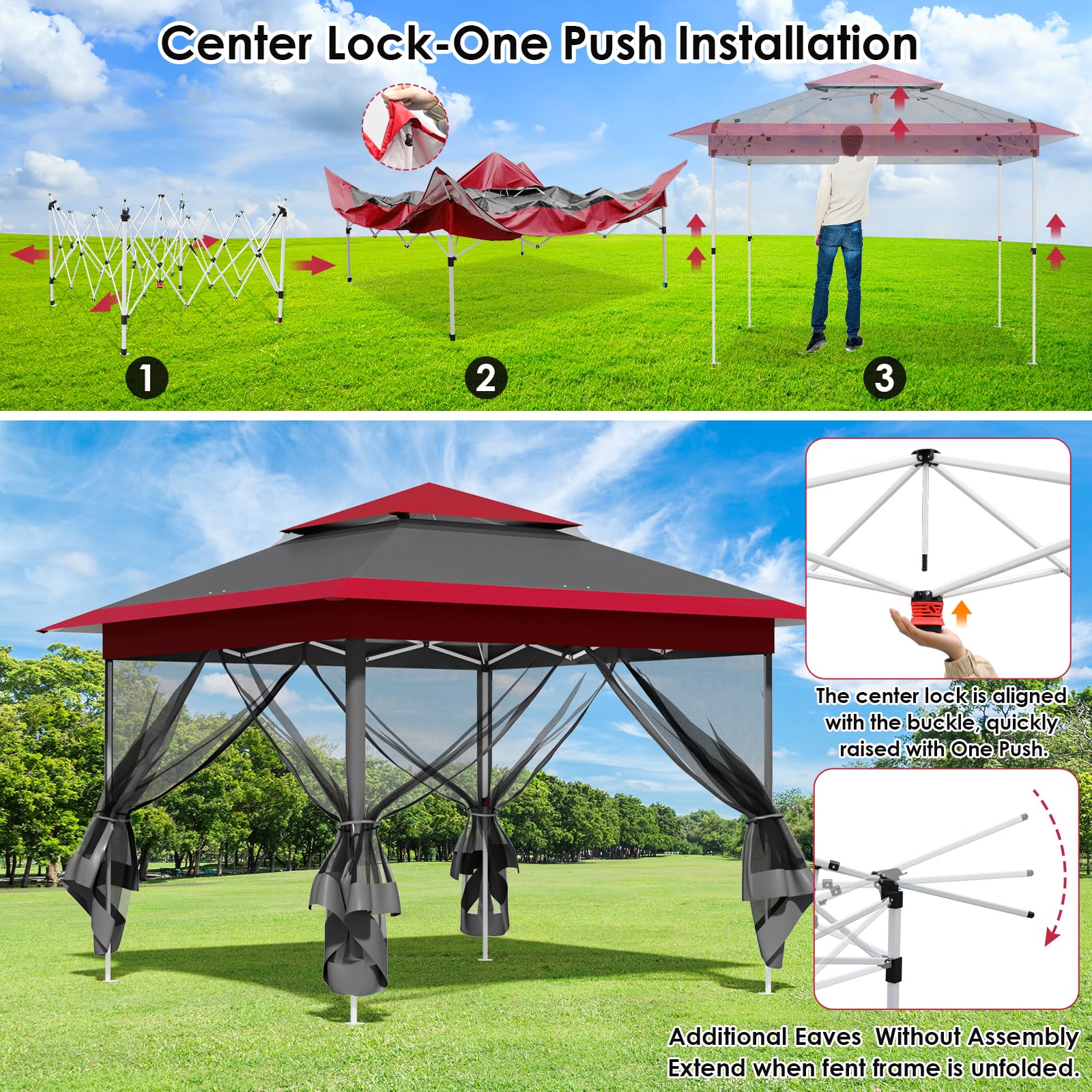 Gazebo pieghevole 3,3x3,3 m, con 4 pannelli laterali in zanzariera, One Push tenda con doppio tetto, Gazebo impermeabile da giardino 4 PCS sacchi di sabbia, per mercato/campeggio, Rosso Grigio