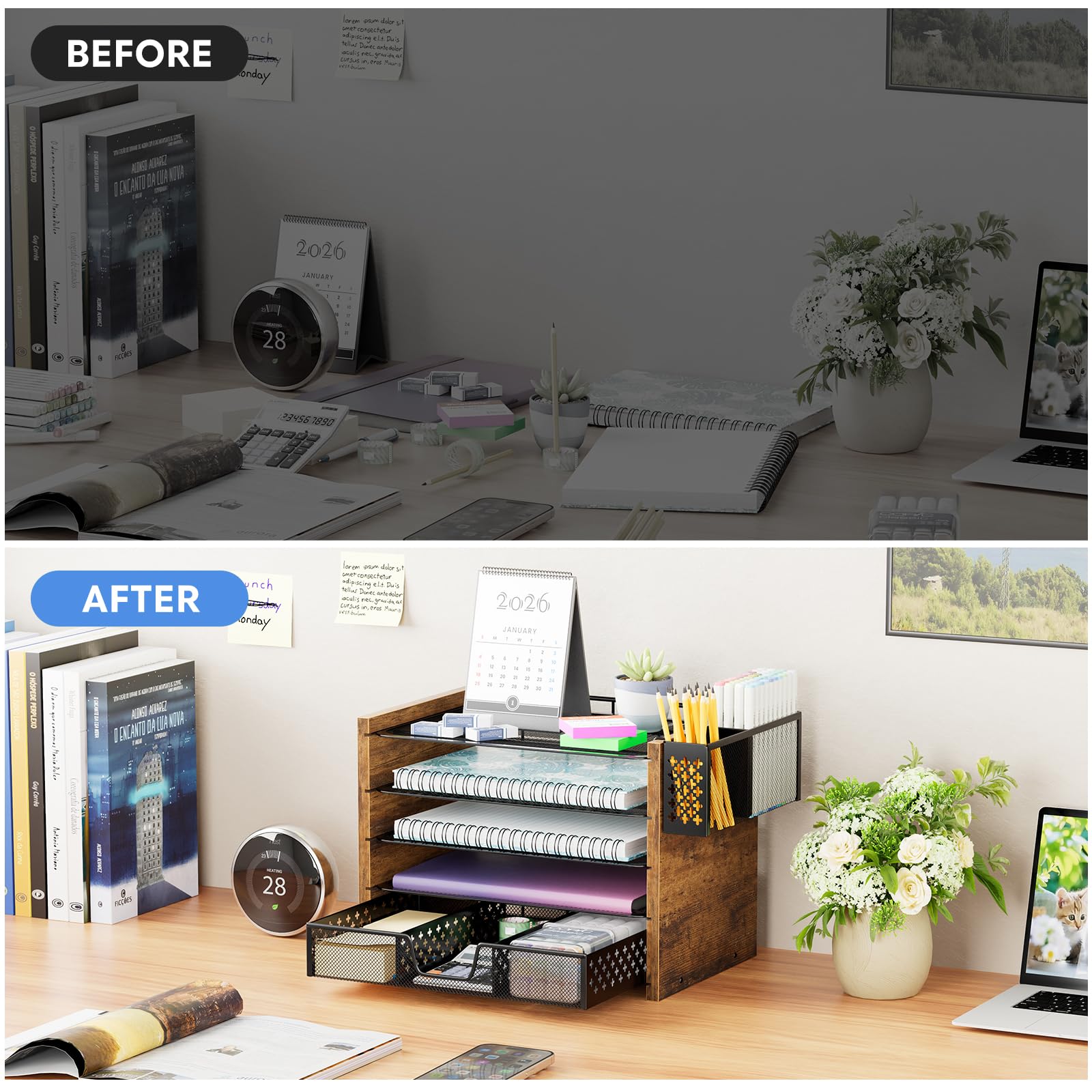 Simple Trending Organizer per carta a 5 ripiani, organizer da scrivania in legno e accessori con cassetto e portapenne, per casa, ufficio, scuola