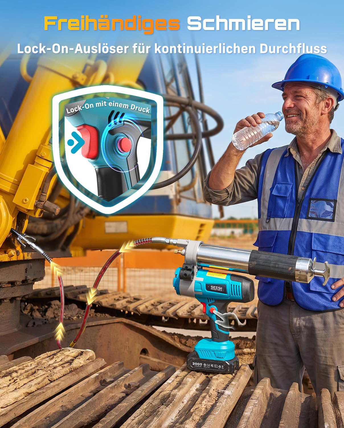 Seesii Akku Fettpresse, Elektrische Fettpresse für Schmiernippel mit Lock-On-Auslöser, 120 cm-Schlauch, hoher Durchfluss von 5,8 oz/min, Schnellkupplung, LED-Beleuchtung für PKWs und Baumaschinen