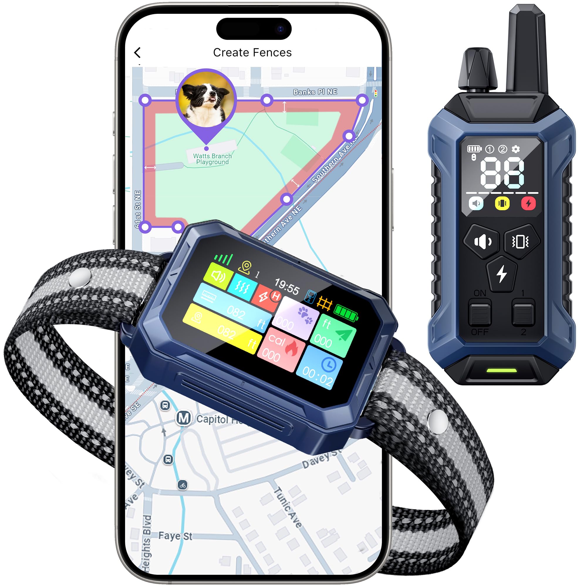 Photo 1 of Meowant GPS Wireless Dog Fence & Dog Training Collar with Remote & Free APP, 82-7000ft Adjustable Range Electric Fence, 3 Training Modes, Waterproof LCD Collar for Dogs 10 Lbs+ Outdoor,Blue