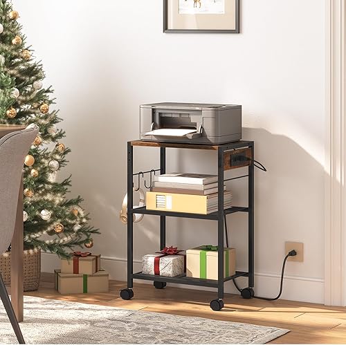 Vista 6 de HOOBRO Industrial Printer Stand, 3-Tier Mobile Printer Table, Rolling Cart with Power Outlets and USB Ports, Home Printer Stand with 2 Hooks, for