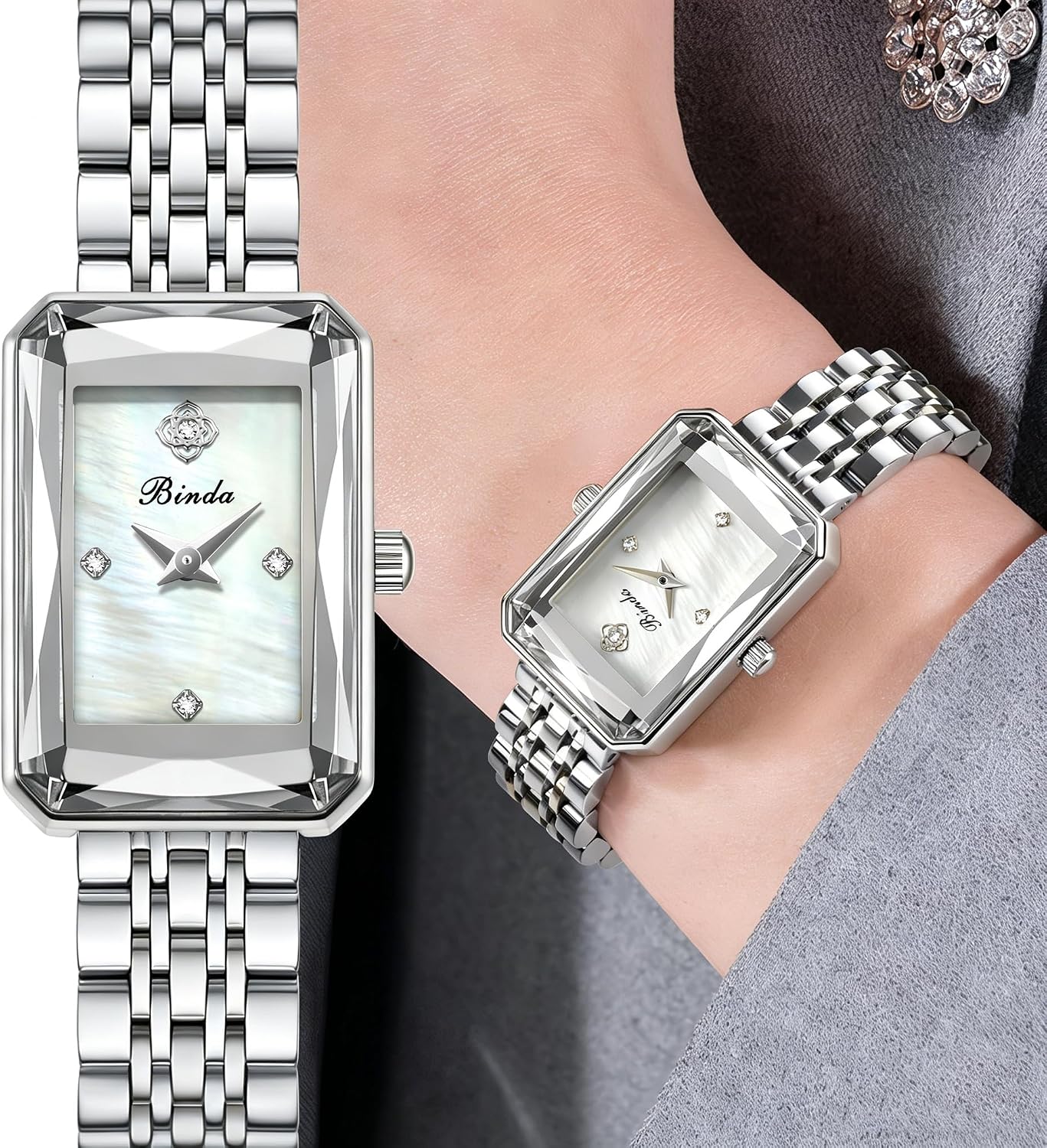 Binda Gold Watches for Women with Vintage Rectangular Case,Mother-of-Pearl Dial,Stainless Steel Band,Adjustment Tool Included,Water Resistant