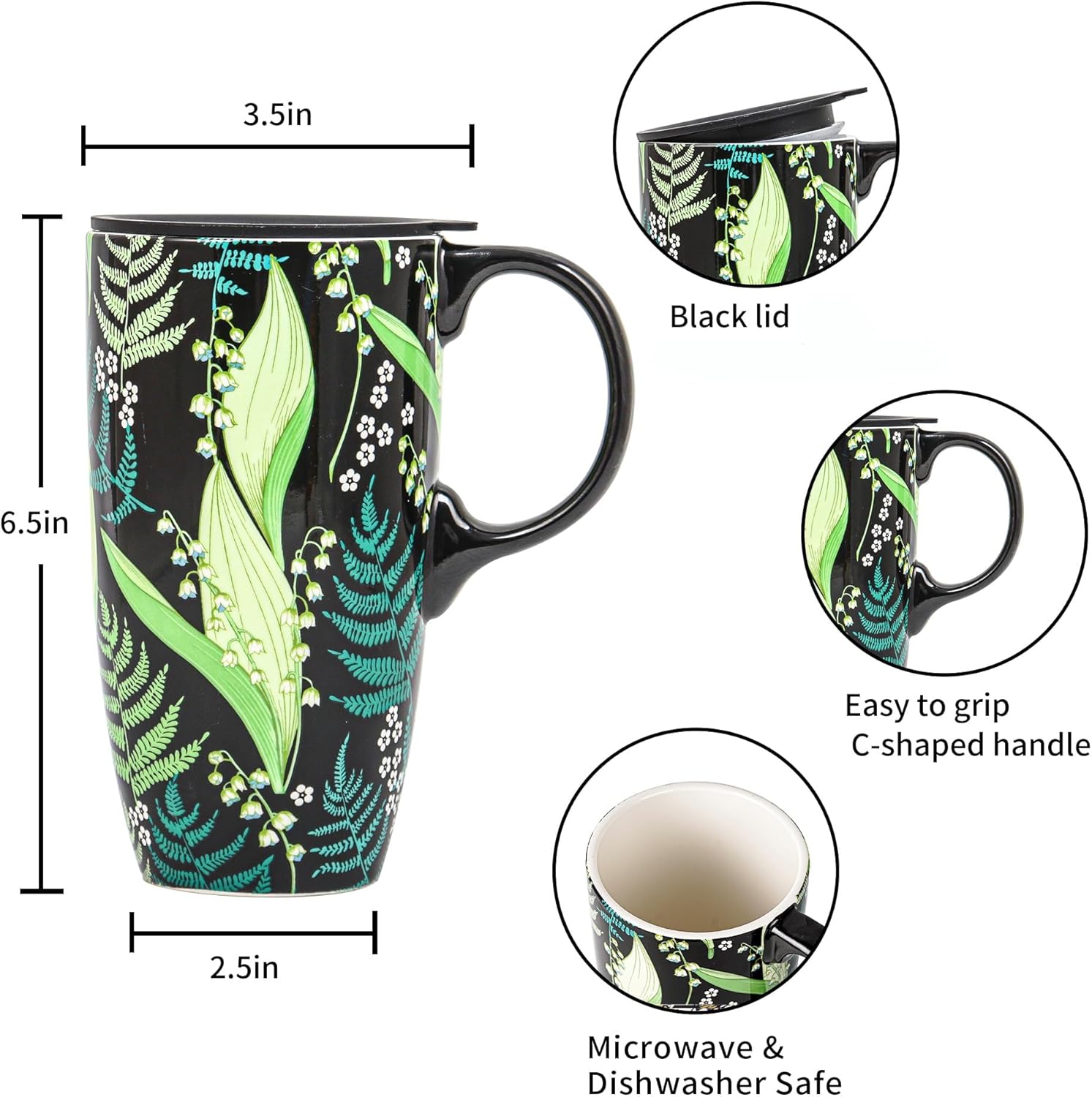 Topadorn Ceramic Coffee Mug with Lid 17oz - Elegant Porcelain Cup for Daily Coffee & Tea at Home or Office,Green Leaf - Image 5