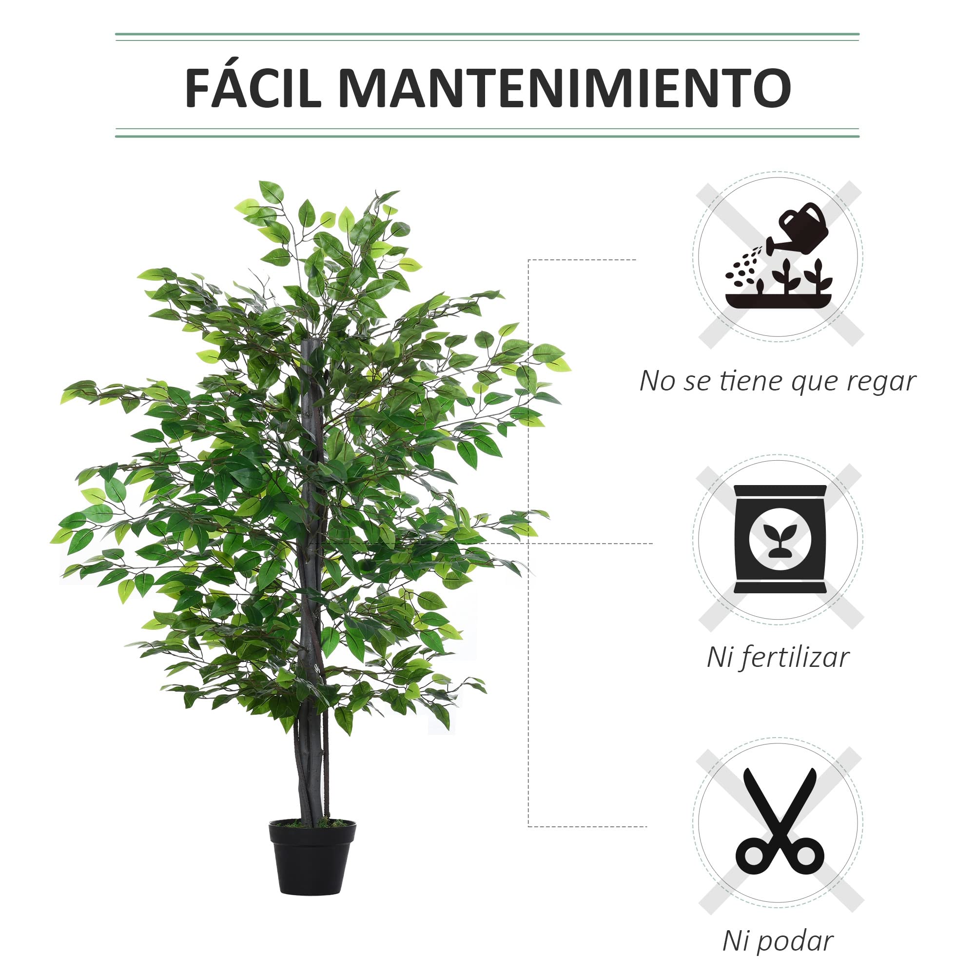 Outsunny Planta Artificial Ficus Artificial de 145 cm Ø20x145 cm Verde | 756 Hojas, Maceta, para Decoración Interior