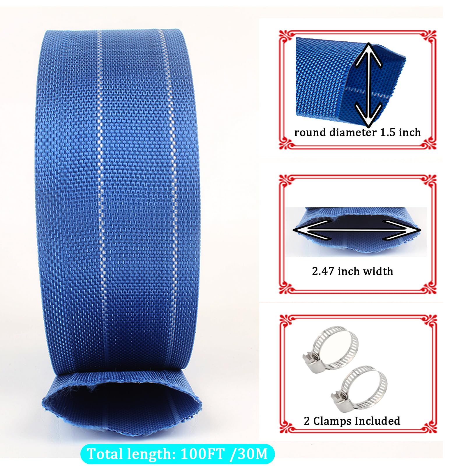 Manguera de retrolavado para piscina, manguera de PVC resistente, manguera de descarga plana, tubo de drenaje flexible para drenaje de piscina, con 2 abrazaderas (1.5 pulgadas x 100 pies)