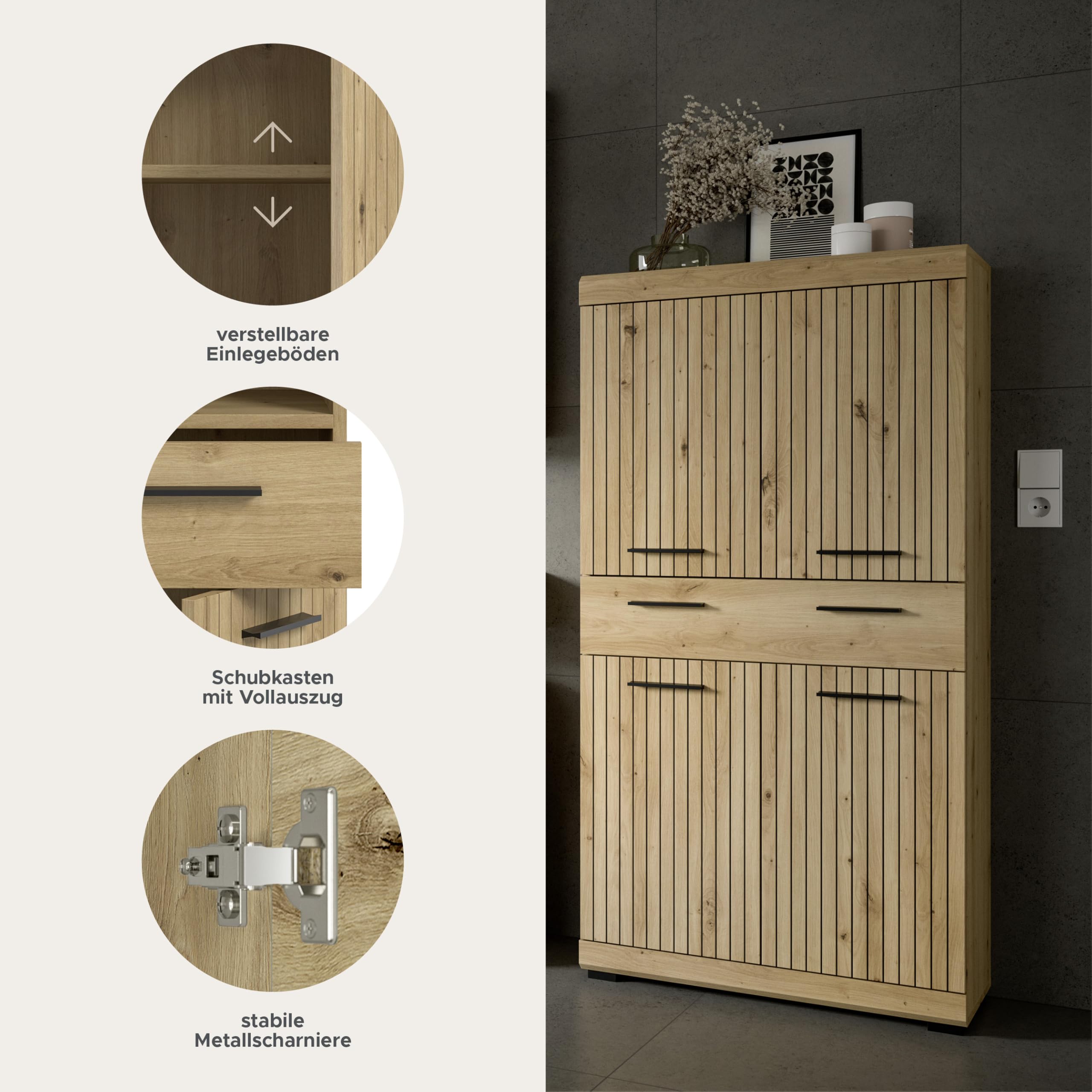 xonox.home – Midischrank Scout 74x141x31 cm in Artisan & Schwarz – Mittelhoher Badschrank mit 4 Türen & 1 Schubkasten –eschlossene Fächer bieten optimalen Platz für Ihre tägliche Routine im Bad – Bild 7