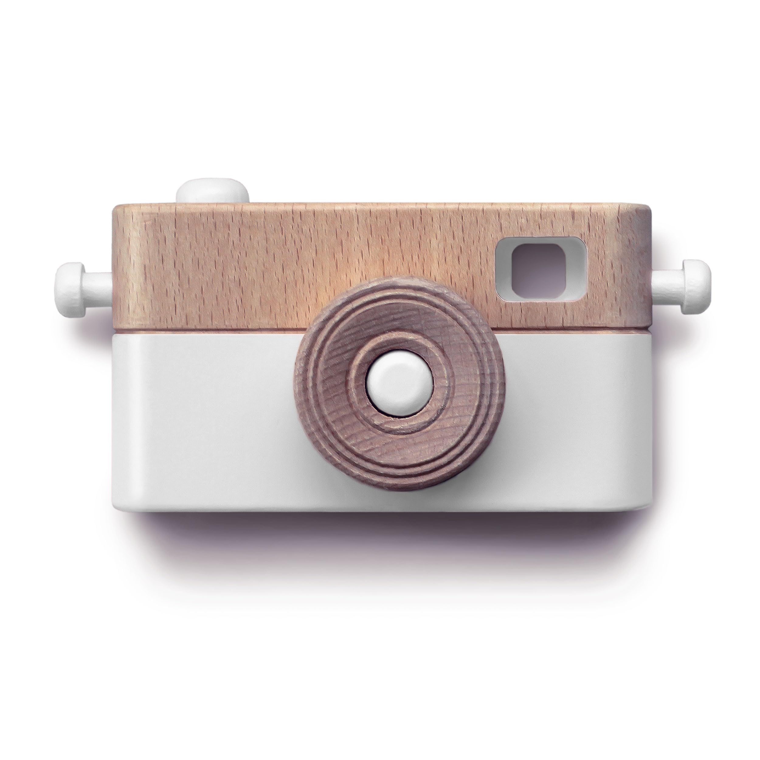 Wooden toy camera, Kids camera with rotating lens, blackboard and cotton strap (White)