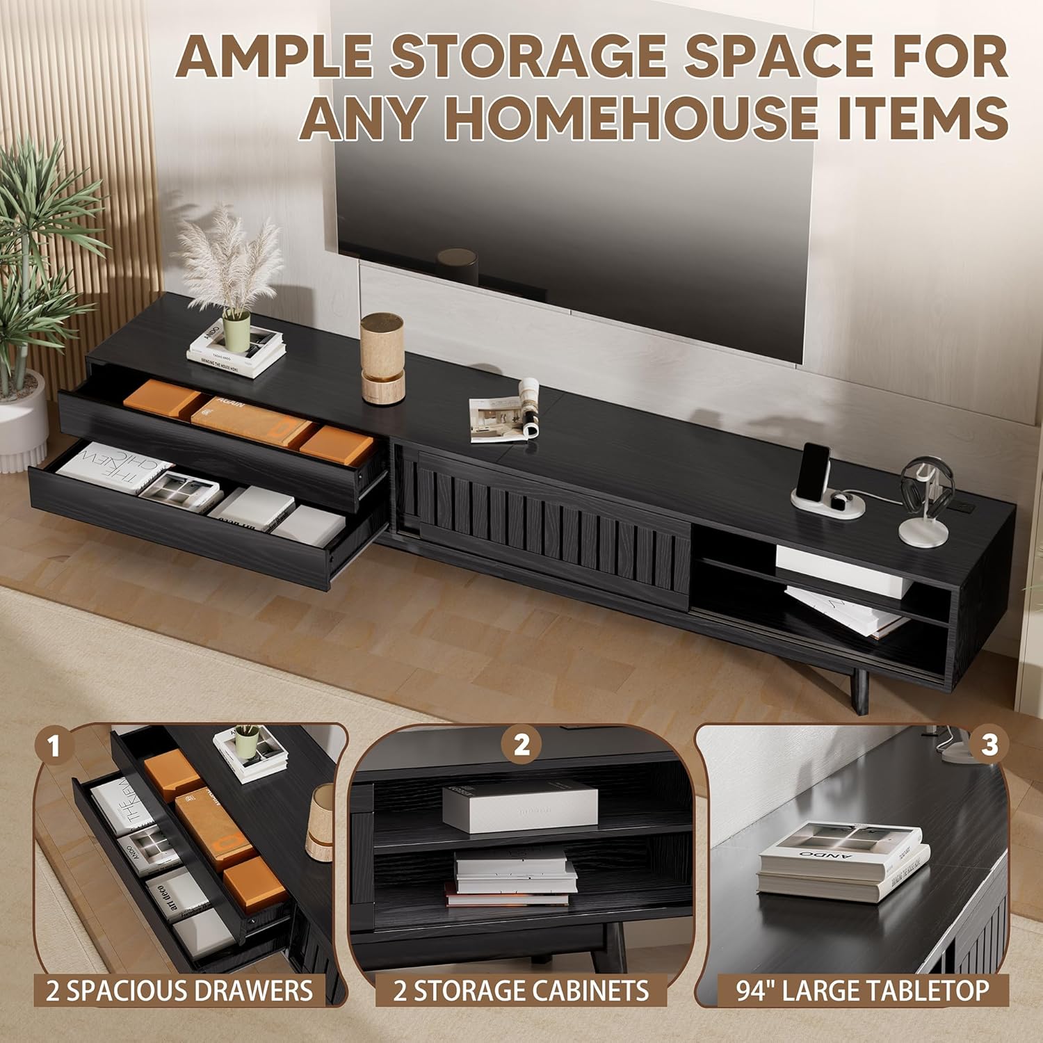 Mid Century Modern TV Stand for 85 Inch TVs, 78.7" Entertainment Center with Storage & Power Outlet, Media Console w/Drawers and Sliding Door, Television Stands for Living Room, Black