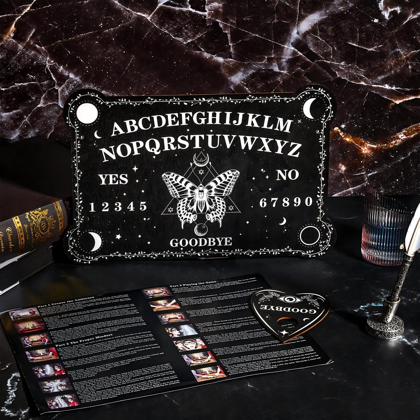 Threan Pendulum Dowsing Divination Board with Amethyst Set Wooden Spirit Talking Board Metaphysical Message Crystal Pendulum Necklace with Planchette for Wiccan Supply(Butterfly Style)