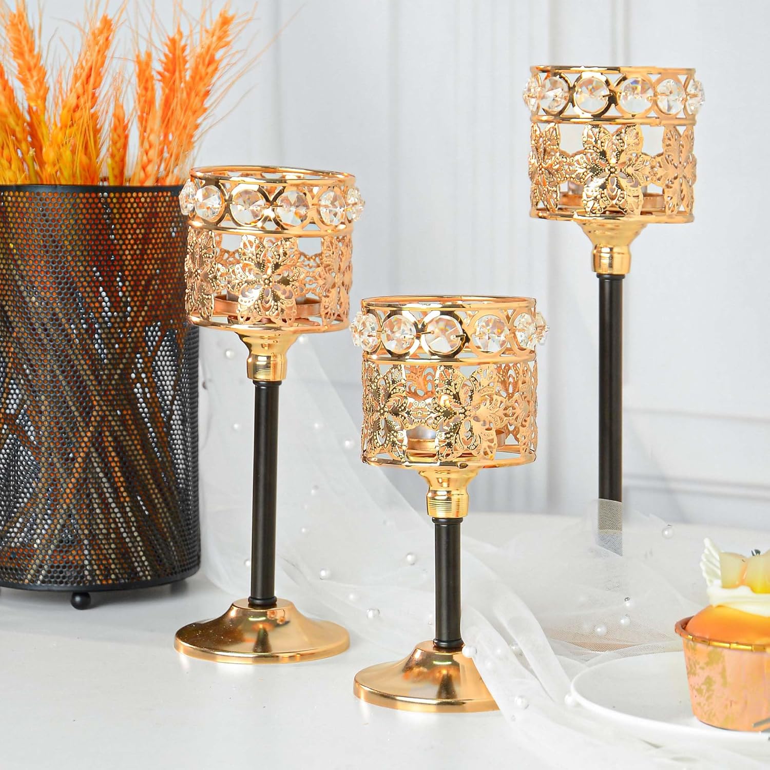 Set of 12 Floral-Carved Crystal & Metal Tealight Candelabras Bulk- Elegant Gold & Black Wedding Centerpiece, Dining Table Decor, Votive Candle Holders