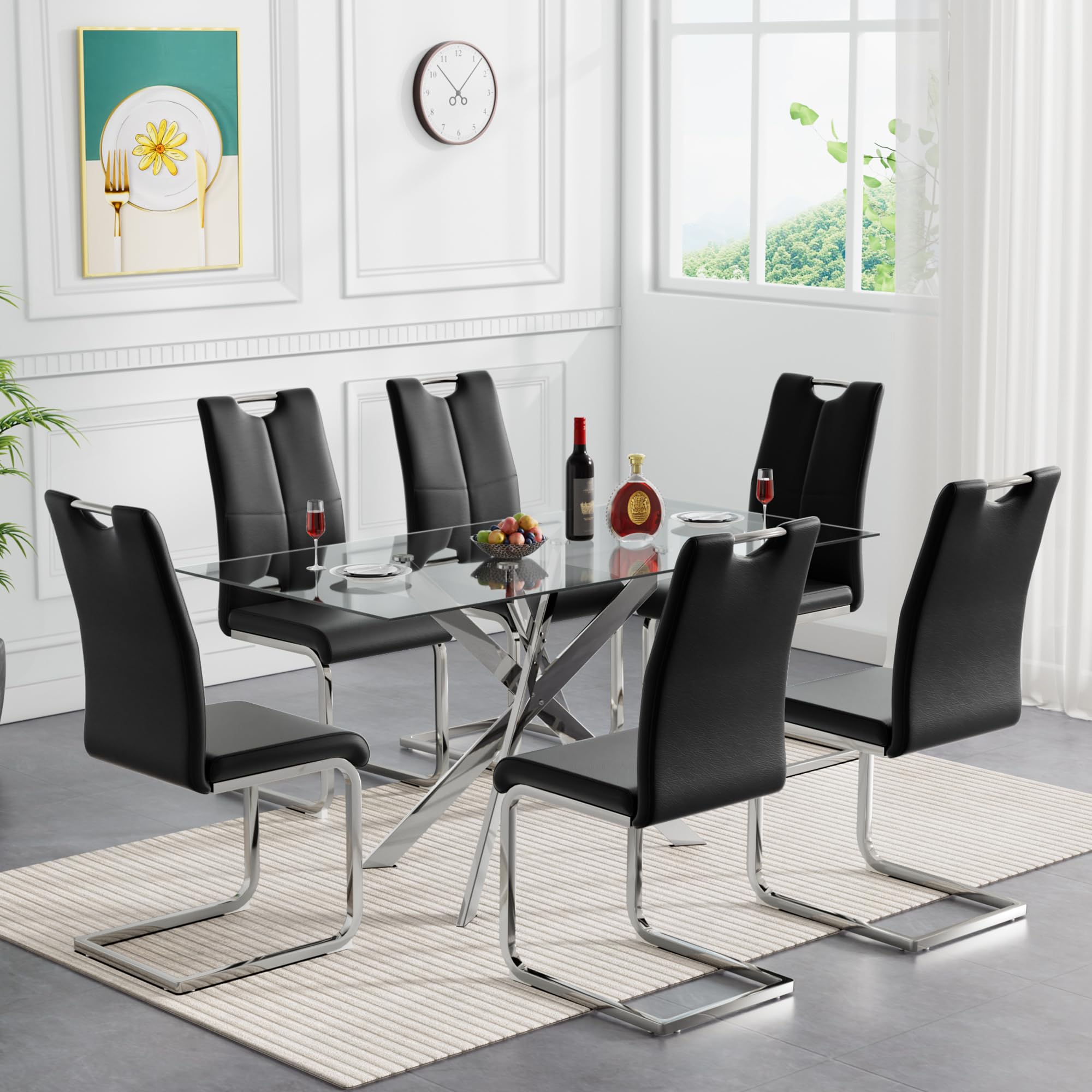 Maotifeys Glass Dining Table Set for 6, 7-Piece Modern Kitchen Table Set with 6 High-Back PU Leather Upholstered Chair for Kitchen Dining Room