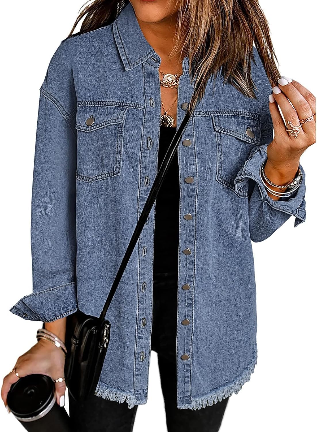 Vetinee Women’s Oversized Button Up Frayed Hem Shacket Long Sleeve Pockets Denim Jean Jacket