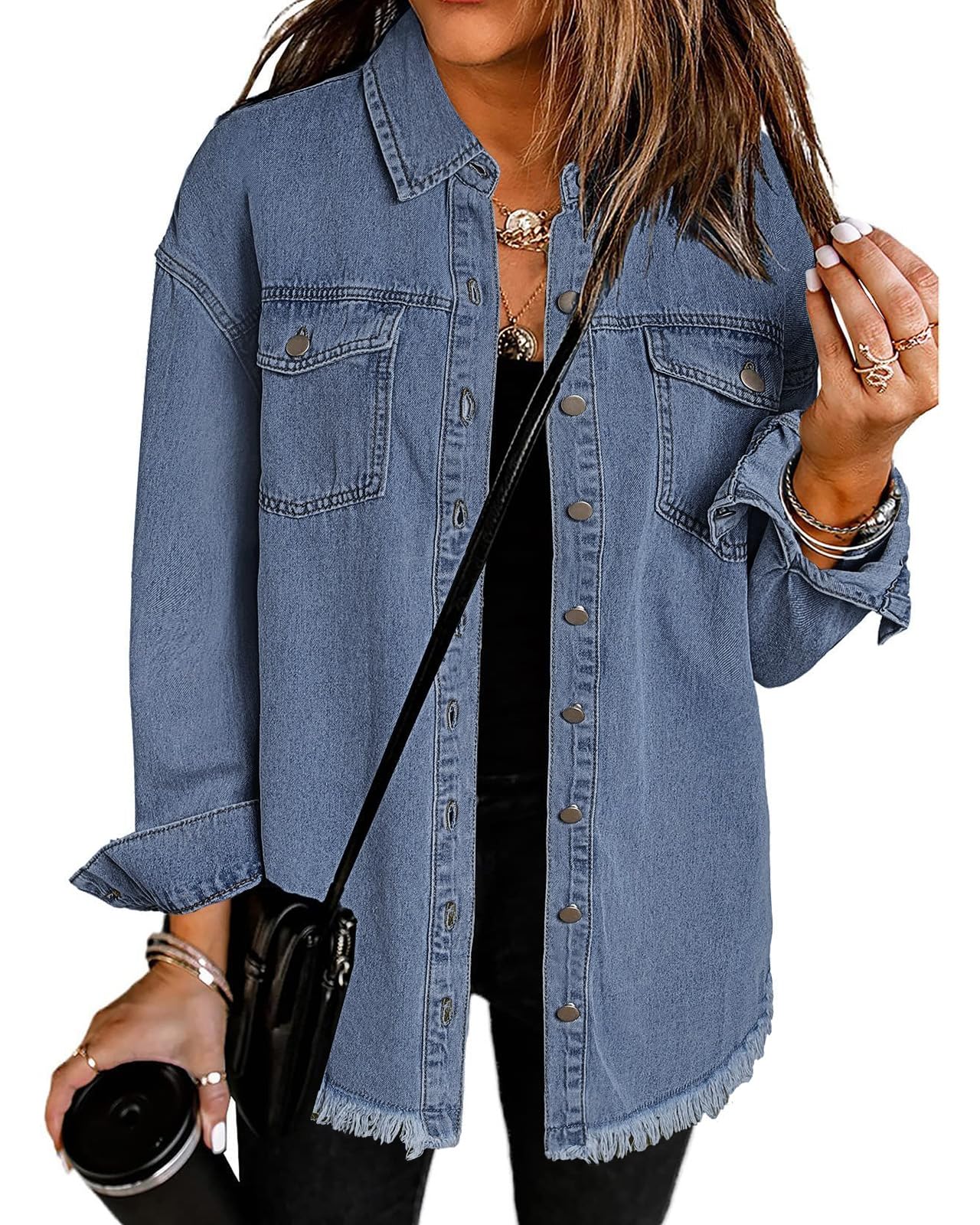 Women’s Oversized Button Up Frayed Hem Shacket Long Sleeve Pockets Denim Jean Jacket