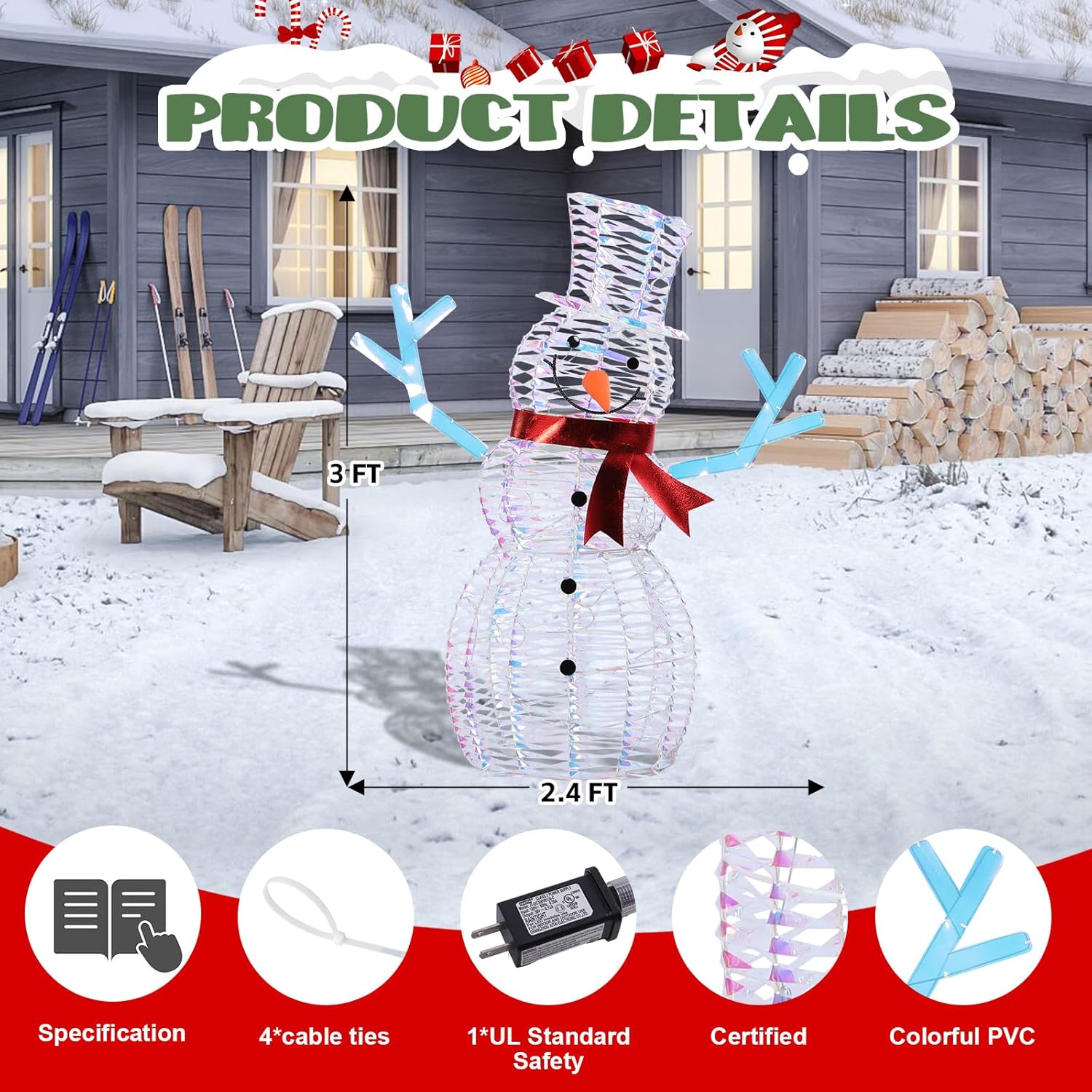 MUMTOP Outdoor Snowman Lighted, Iridescent Light Up Snowman, 3FT Colorful Snowman with Hat Christmas Decoration for Holiday, Outside,Porch Decor Gift