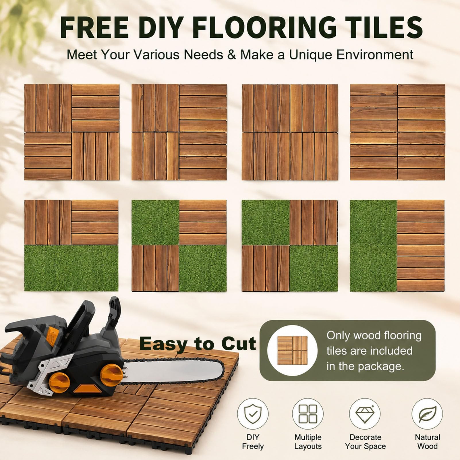 Piastrelle per pavimentazione in Legno di Acacia con Base in PE 12-Slat-33pc | Pavimentazione a incastro 30x30 cm con sistema "click"; piastrelle in legno antiscivolo per esterni (giardini e terrazzi)