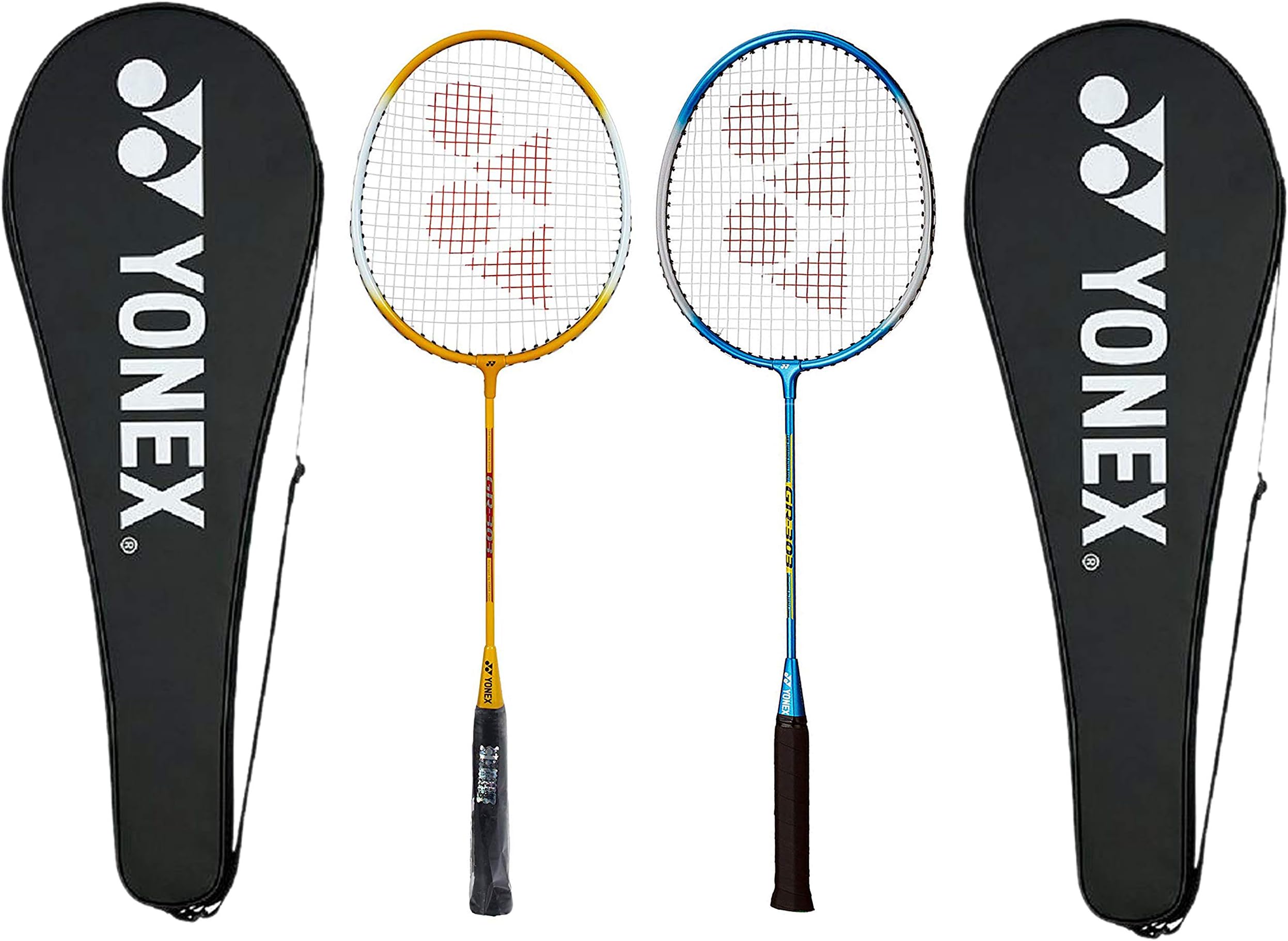 Yonex GR303 Aluminum Badminton Racquet with Cover, Pack of 2 (Yellow/Blue)