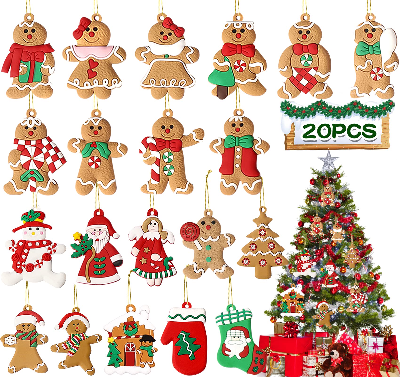 TEWWCEO 20 Piezas Adornos Navideños de Pan de Jengibre,Adornos Navideños de Hombre de Jengibre,Mini Colgantes de Muñeco de Jengibre,Colgantes de Jengibre,para Decoración de Árbol de Navidad
