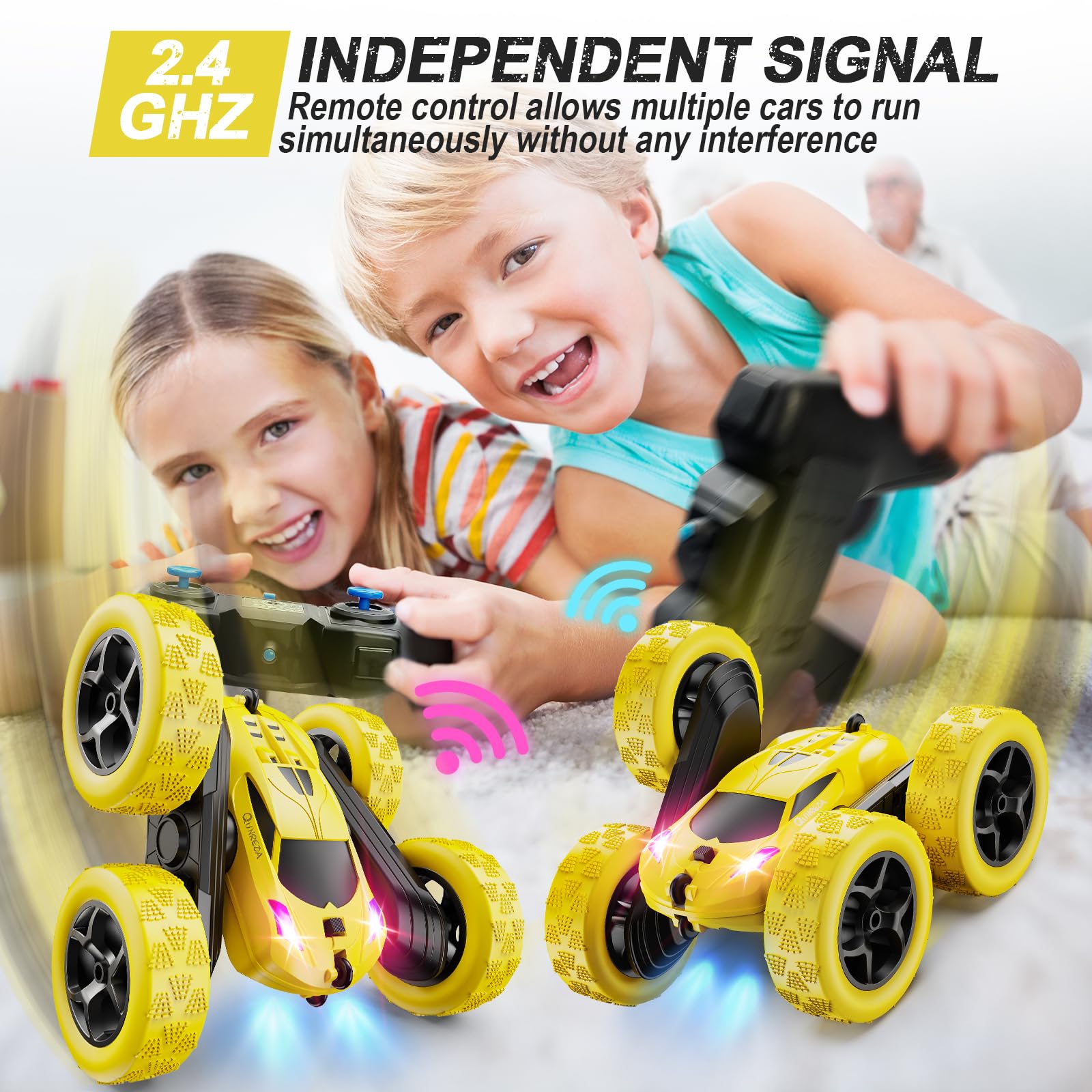 QUNREDA Macchina Telecomandata, Auto RC Giocattolo per Bambini 6-12 Anni, Auto Acrobatica Fuoristrada 4WD con Rotazione 360°, Regalo di Compleanno e Natale per Bambini e Bambine, Gialla