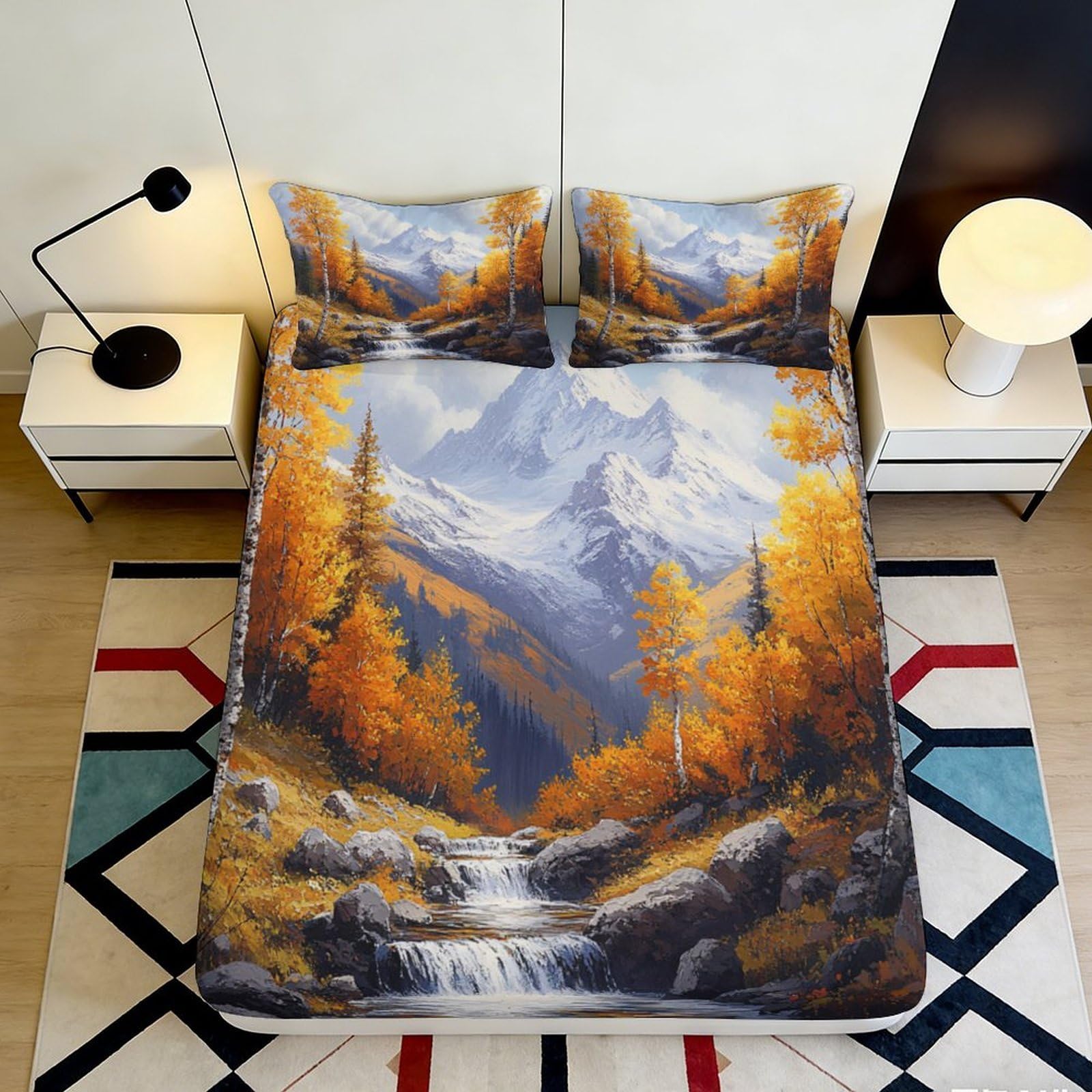 3D Printed Autumn Mountain Fitted Sheet Microfiber Soft Forest Stream Mattress Cover for Bedroom Guest Room Decor 90x200x25cm