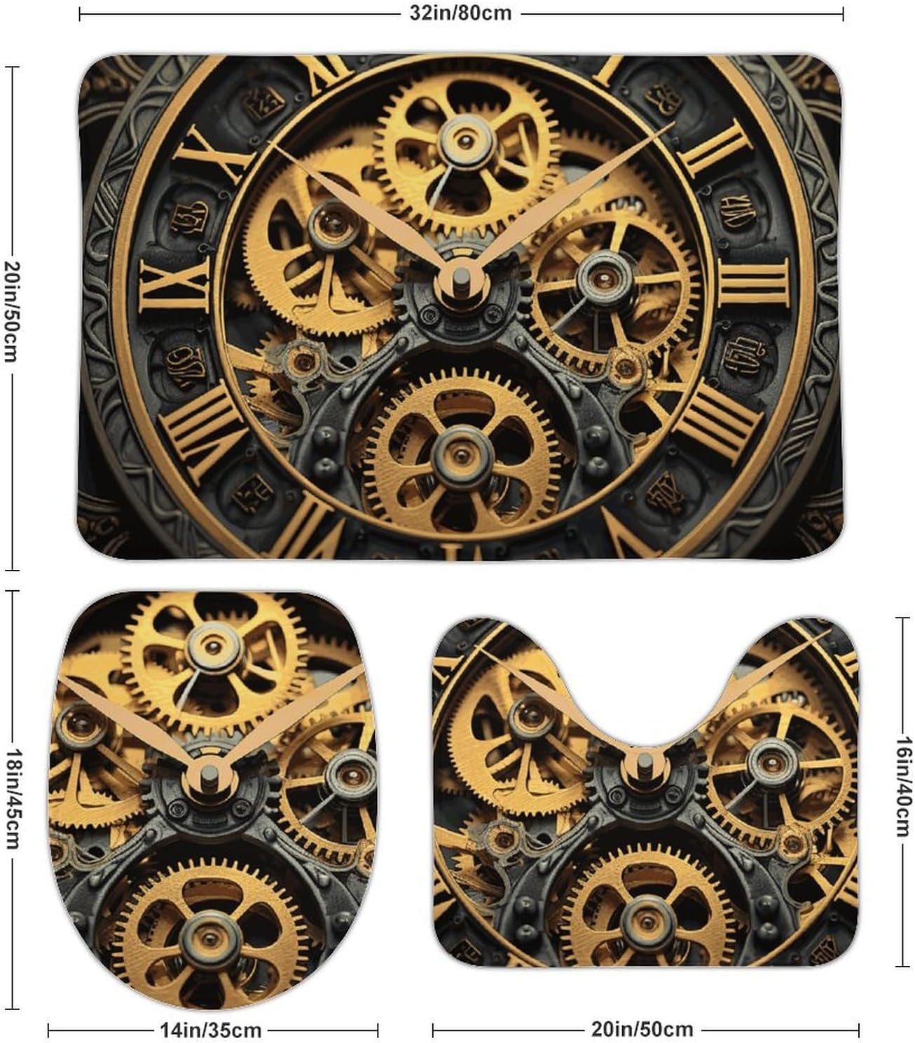 Anti-Skid Floor Mats 3 Piece Set,Clock Gear Printed Coral Fleece Bathroom Mats U-Shaped Contour Mat Toilet Seat Cover for Bathroom, Tub, Shower, Kitchen 19.7"x31.5"