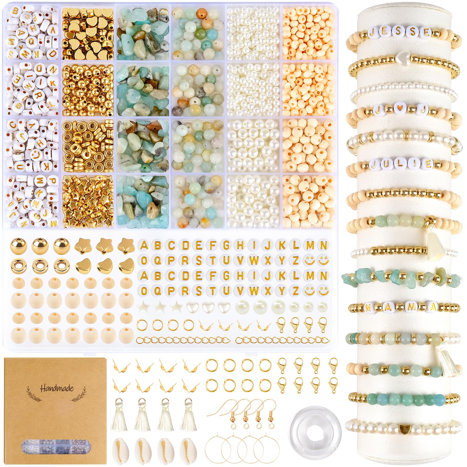 EUES Natürliche Amazonit Perlen für Armbänder, Edelstein Perlen Kit, Naturstein Perlen Set mit Holzperlen, Boho Armbänder Selber Machen für DIY Schmuck Perlen Bracelet Making Kit, Partys, Weihnachten