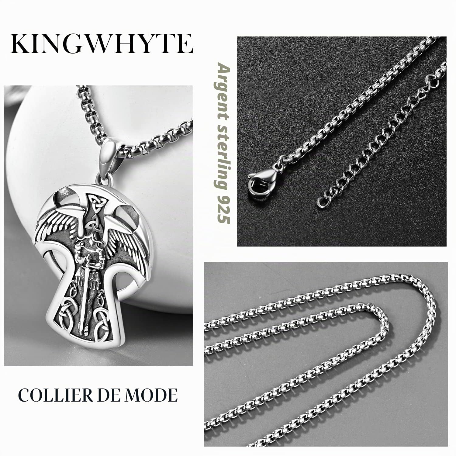 KINGWHYTE Collier Saint Michel en argent massif 925 Collier de croix celtique Saint Michel Archange Pendentif pour homme Pendentif de protection avec chaîne Rolo de 56 cm + 5 cm Eusense Archange