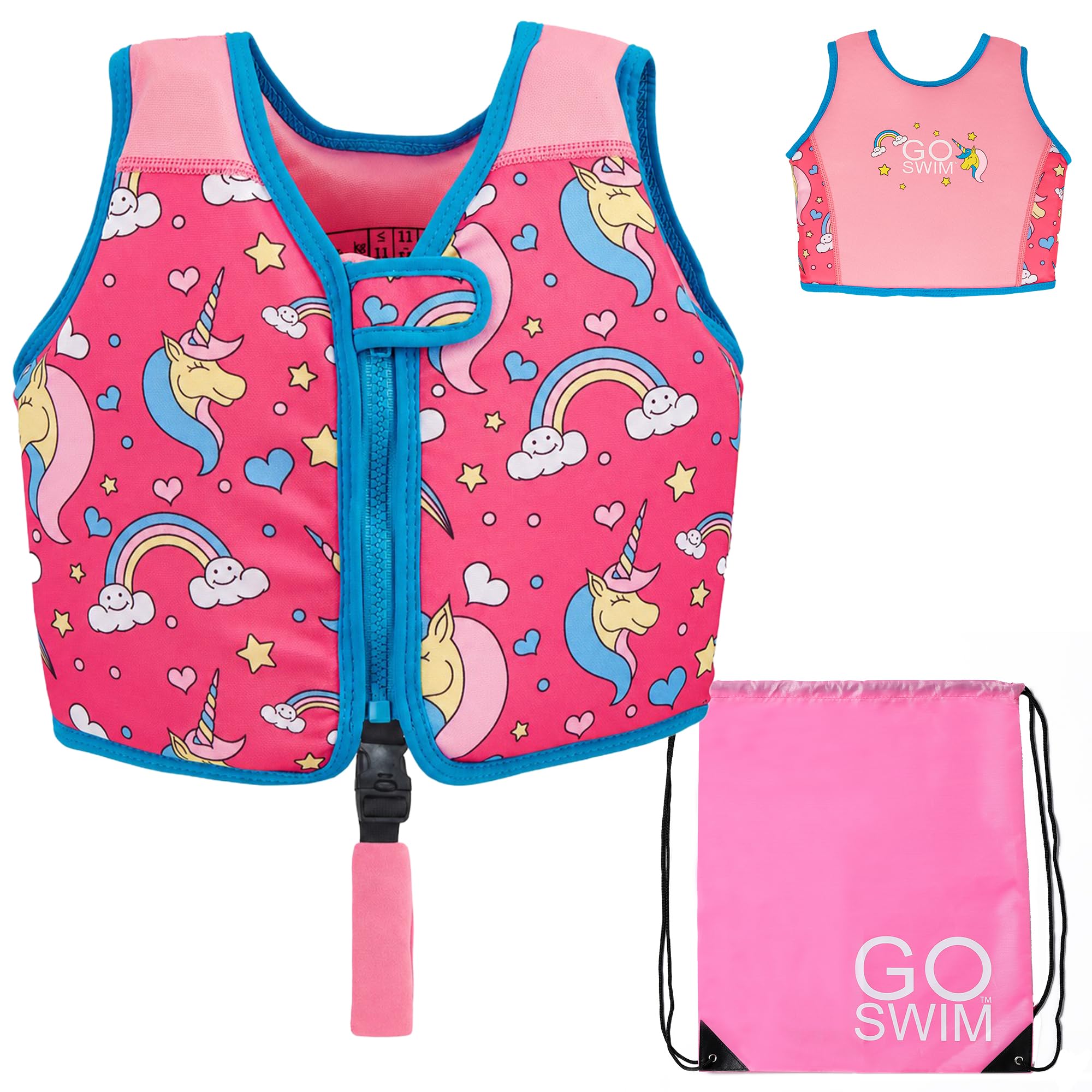 Go Swim Float Vest – Baby, Toddler & Kids Swim Vest for 1-6 Years- Fixed Buoyancy & Safety Strap. *Includes Free Swim bag* (Magical Unicorns, 1-3 Years/11-19kgs)