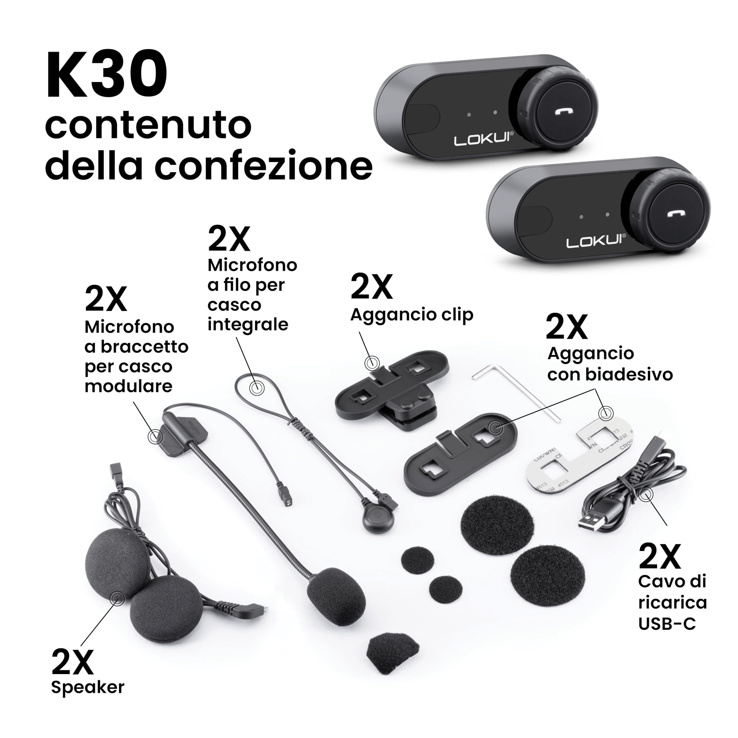 Midland - Interfono Moto Bluetooth Coppia Lokui K30, Auricolari Casco Moto Universali e Impermeabili, Portata 800m per 2 Persone, Batteria 10H, Cancellazione Rumore DSP, Altoparlanti Hi-Fi e Microfoni