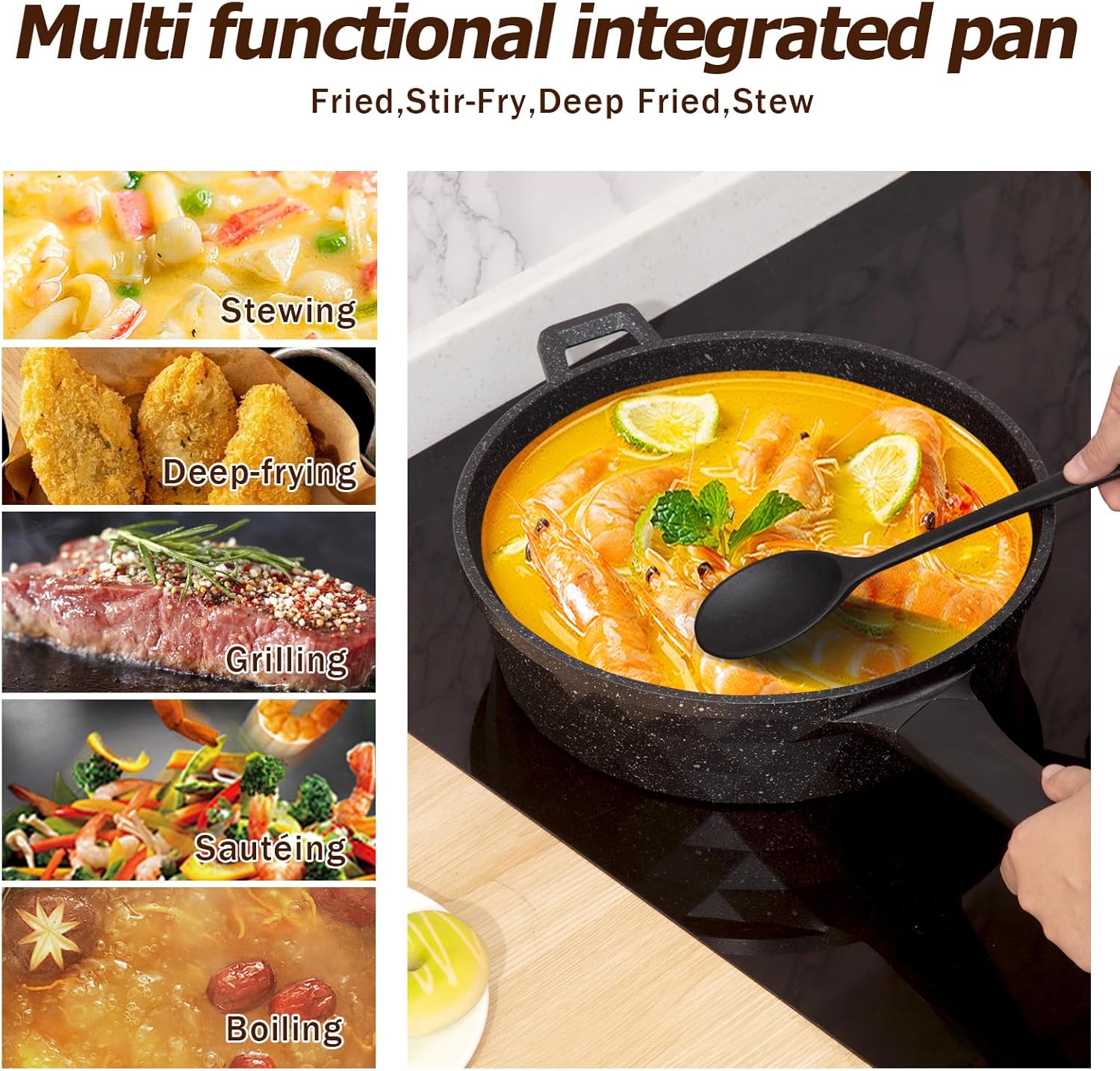 Nonstick Deep Frying Pan Skillet with Lid, 12 Inch Large Skillet, 5 Quarts Saute Pan, Granite Stone Non Stick Cooking Pan, Induction Compatible, PFOA Free - Image 4