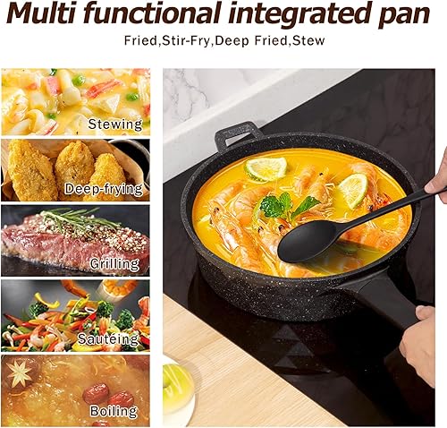 Miniatura 4 de Sartén antiadherente profunda con tapa, sartén grande de 12 pulgadas, sartén para saltear de 5 cuartos de galón, sartén antiadherente de piedra de