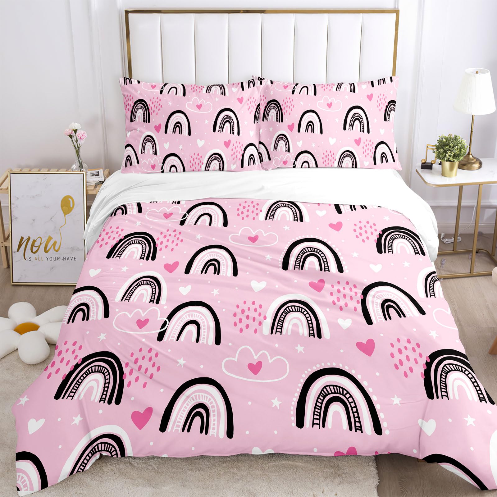 Set di biancheria da letto arcobaleno per bambini 135x200cm, set di biancheria da letto per ragazze rosa con stampa 3D di cartoni animati con stelle, luna, nuvole e cuori (A-2, 135 x 200 cm)