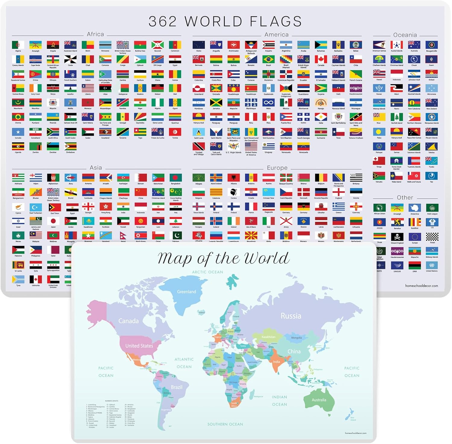 362 World Flags Placemat for Kids, World Map Learning, Continents, Waterproof Educational Placemat - 2 Sides