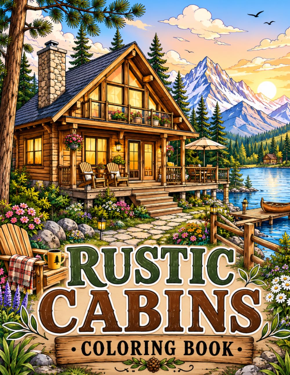 RUSTIC CABINS COLORING BOOK: 50+ Beautiful Mountain & Lakeside Cabin Designs