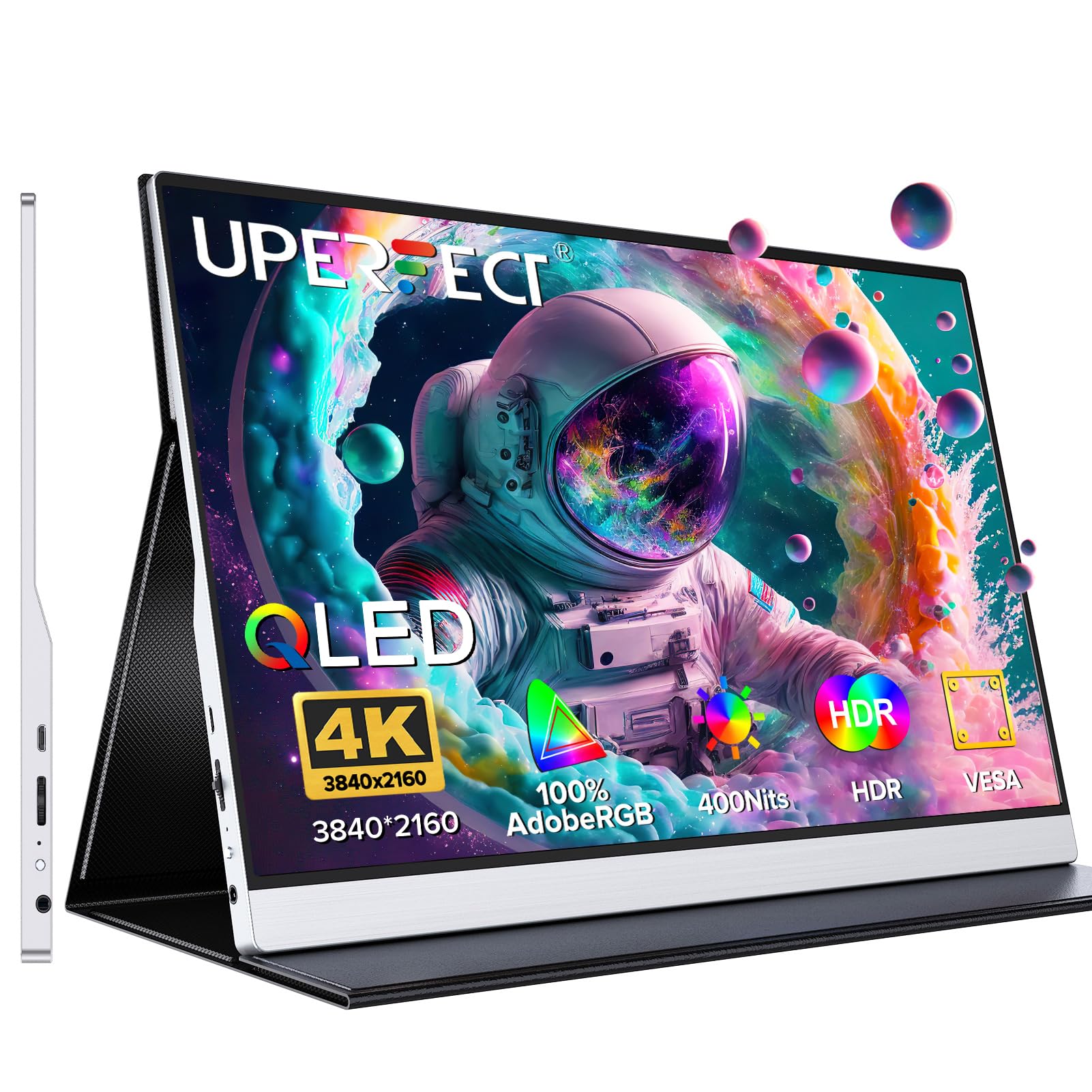 UPERFECTQLED 4K Portable Monitor 15.6'' Silvery 3840x2160 UHD HDR USB-C Monitor, 100% AdobeRGB, 400cd/㎡Brightness, FreeSync Speaker Travel Extra Screen for Laptop, Type-C HDMI, VESA & Smart CaseEnergy Label