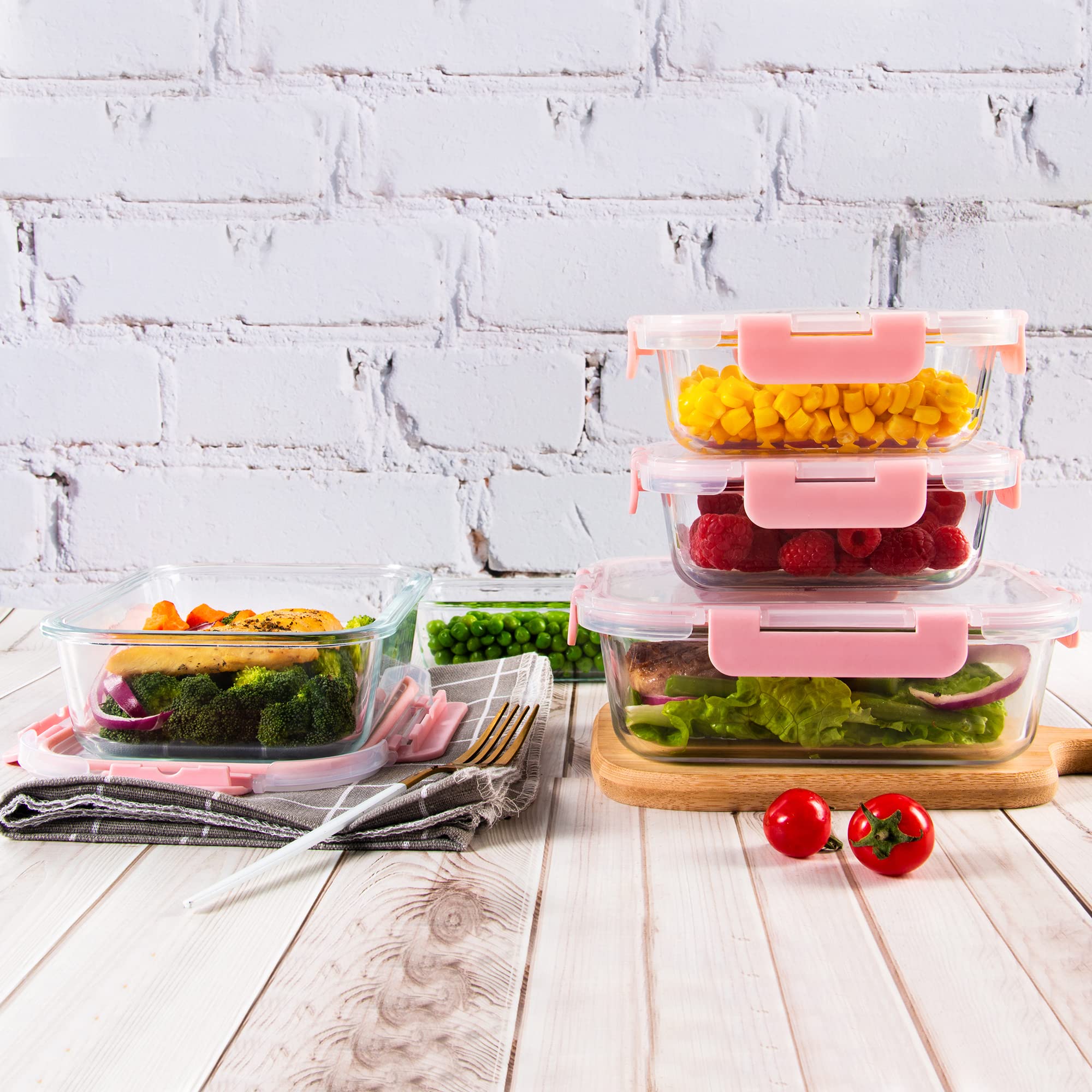 Paquete de 10 recipientes de almacenamiento de alimentos de cristal, herméticos con tapa, recipiente de cristal para el almuerzo, apto para microondas y lavavajillas, color rosa