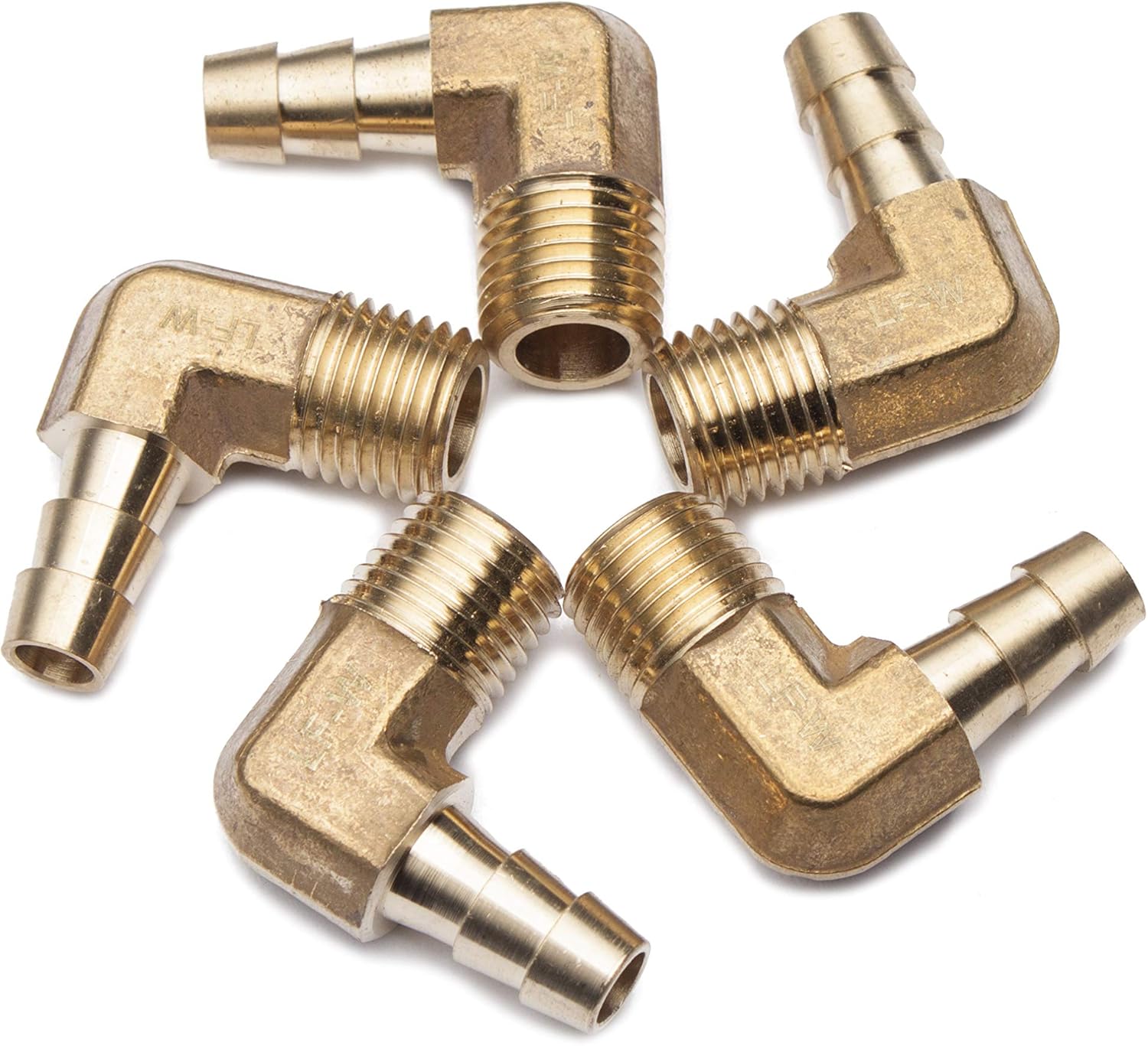 LTWFITTING No Lead 90 Deg Elbow Brass Barb Fitting 5/16" Hose Barb x 1/4" Male NPT Thread Fuel Boat Water (Pack of 5)