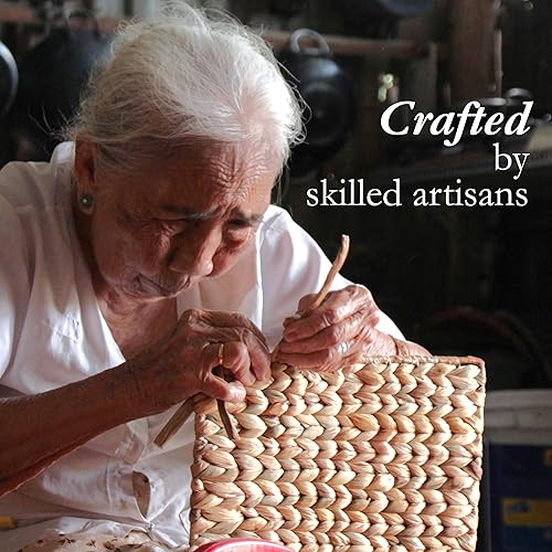 Vista 5 de HOMESTEAD Cestas de almacenamiento de jacinto de agua, cestas rectangulares de mimbre para dormitorio, sala de estar, baño, estantes, juego de 3