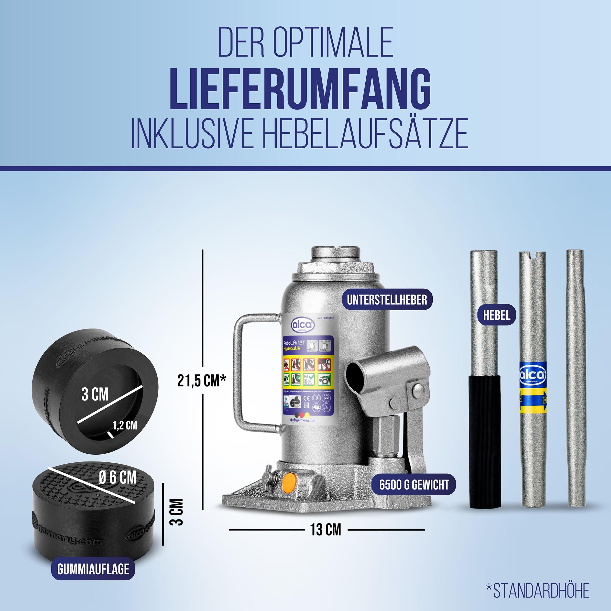 alca® hydraulischer Wagenheber 12t + Gummiauflage I Auto Unterstellheber Set, robust, TÜV & GS Zertifiziert, Doppelkolben, Verlängerungsschraube, Anti-Rutsch, schützt Unterboden, Hubhöhe 215–400 mm