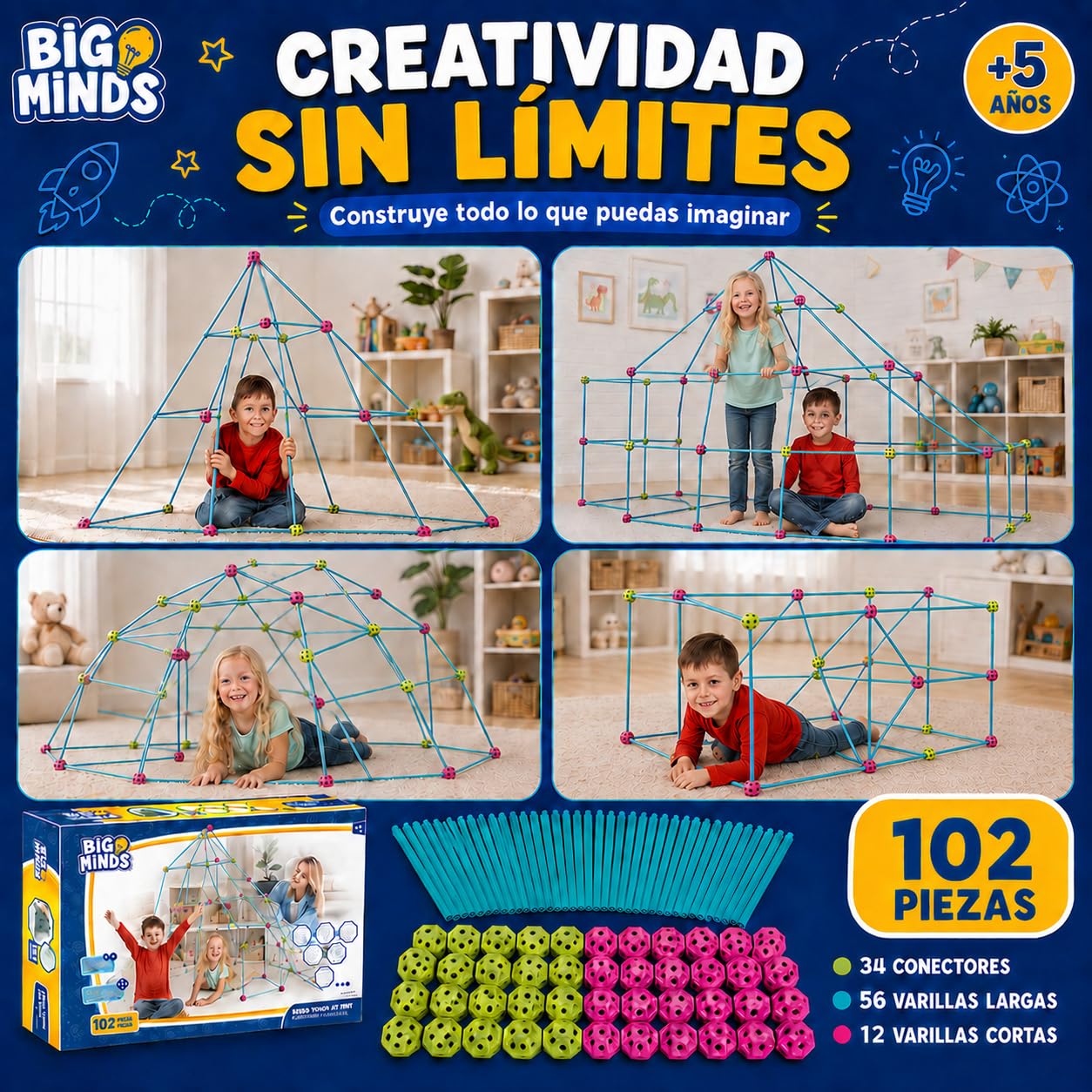 Kit Construcción Fuertes - Construye Tu Cabaña XL | Kit Construccion Niños 102 Piezas | Regalo Niño 5 Años | Construccion Fuertes para Niños 5 Años O Más | Casita Infantil Exterior