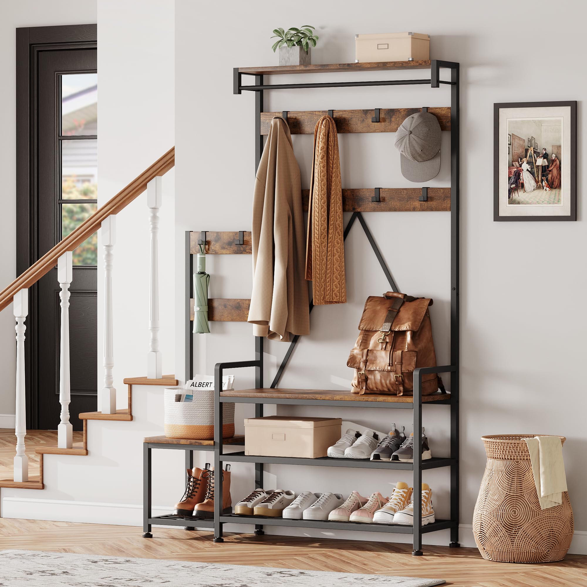 AffinityFurn Coat Rack with Bench and Shoe Shelves, Industrial Hallway Coat Rack, Freestanding Hall Tree with 8 Hooks & Metal Frame for Entryway, Living Room, Cloakroom Bedroom,113 x 30 x 180 cm