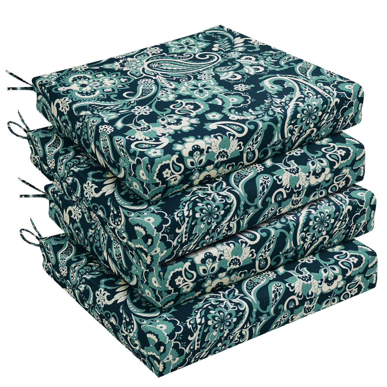 downluxe Outdoor Chair Cushions Set of 4 for Patio Furniture, Water-Resistant Square Corner Patio Chair Cushions with Ties, High Density Foam Outdoor Seat Cushion, 18.5" X 16" X 3", Green Paramecium